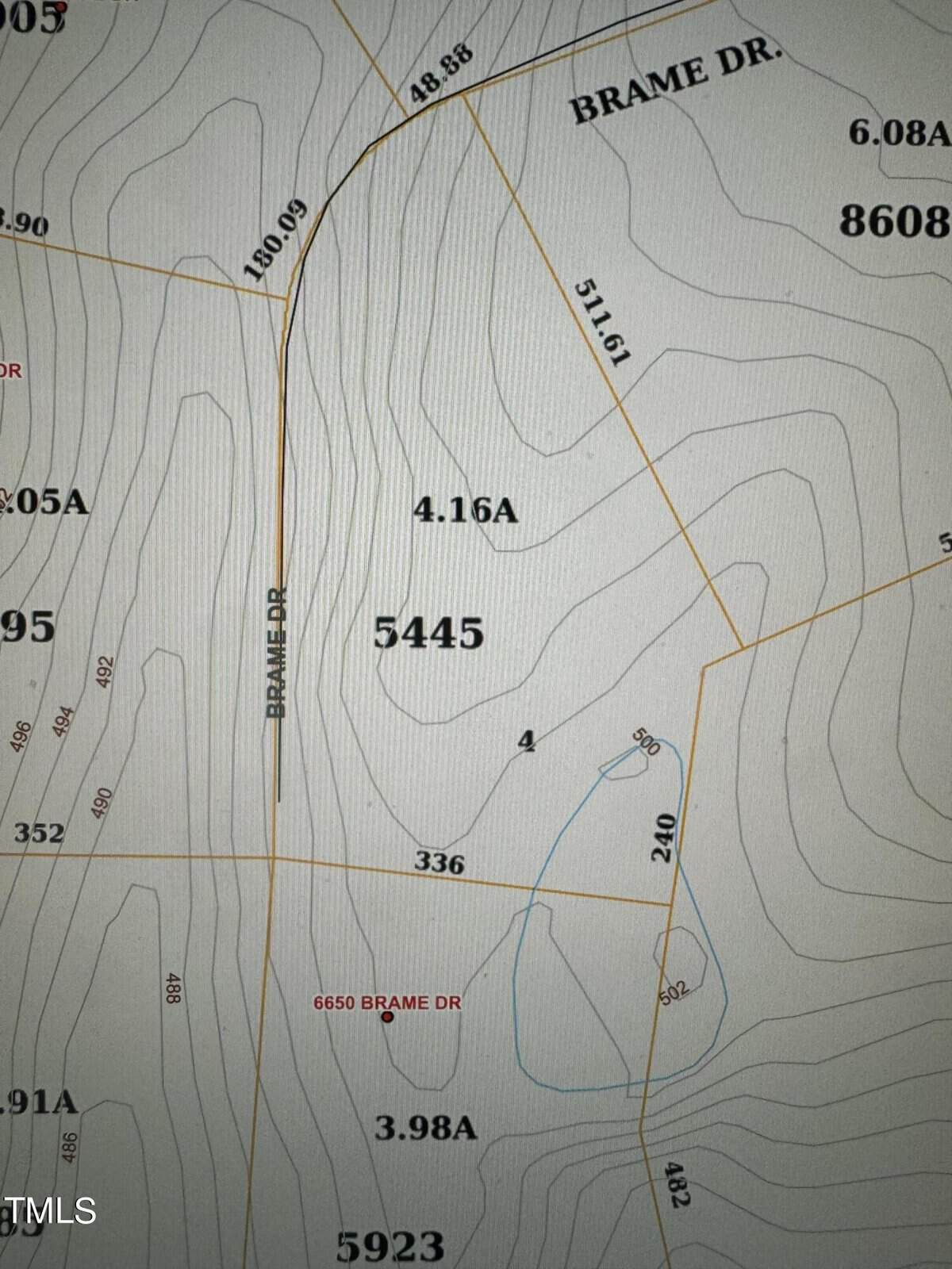 A topographic map showing land parcels with numbered labels like "5445" and "6650 Brame Dr." It features contour lines illustrating elevation changes and borders of various plots marked by roads like Brame Dr. and property boundaries.