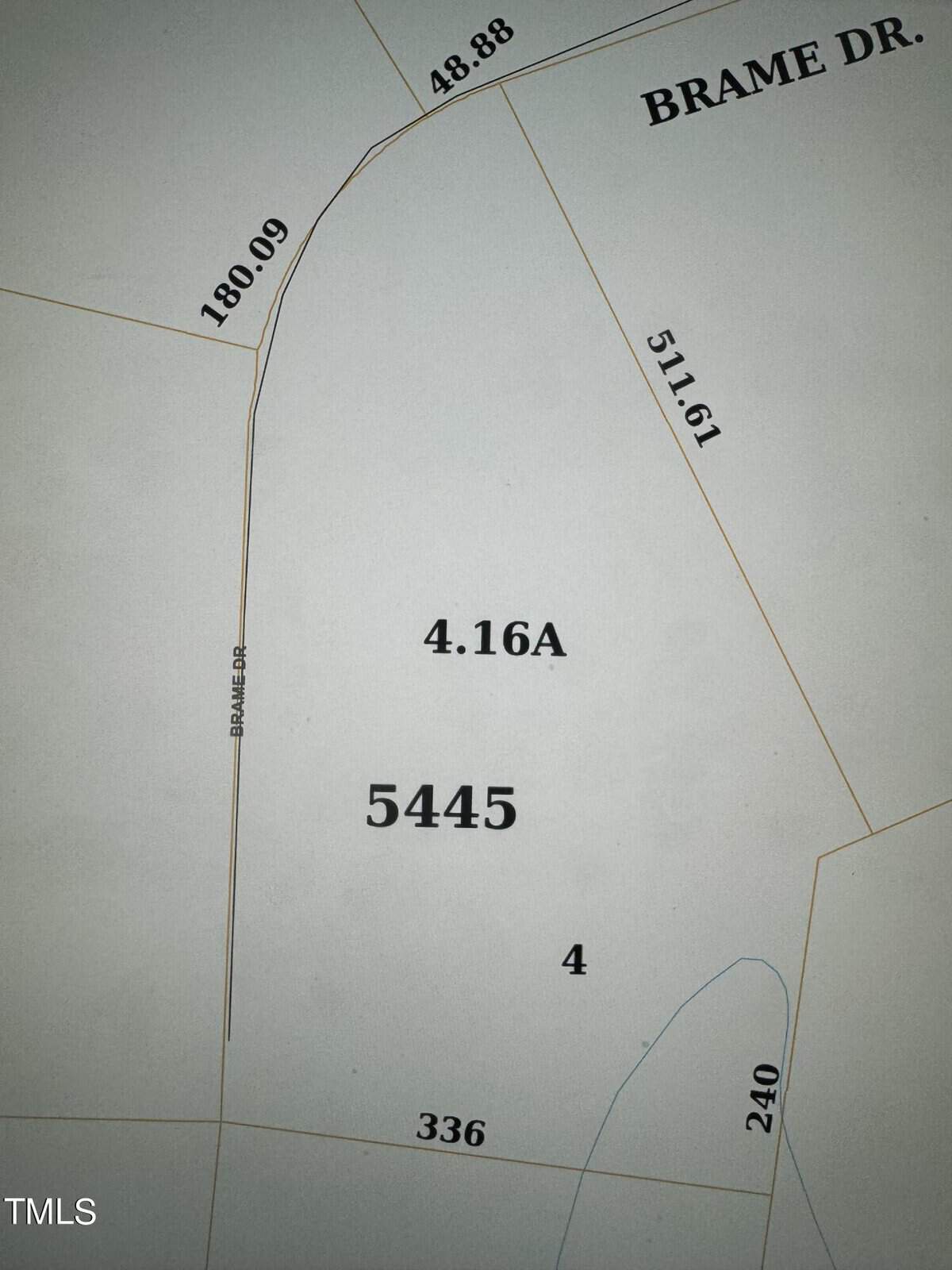 A map section showing a plot labeled "4.16A" centered with the number "5445" beneath. Surrounding roads and boundary lines include "Brame Dr." with measurements like "48.88", "180.09", "511.61", and "336".