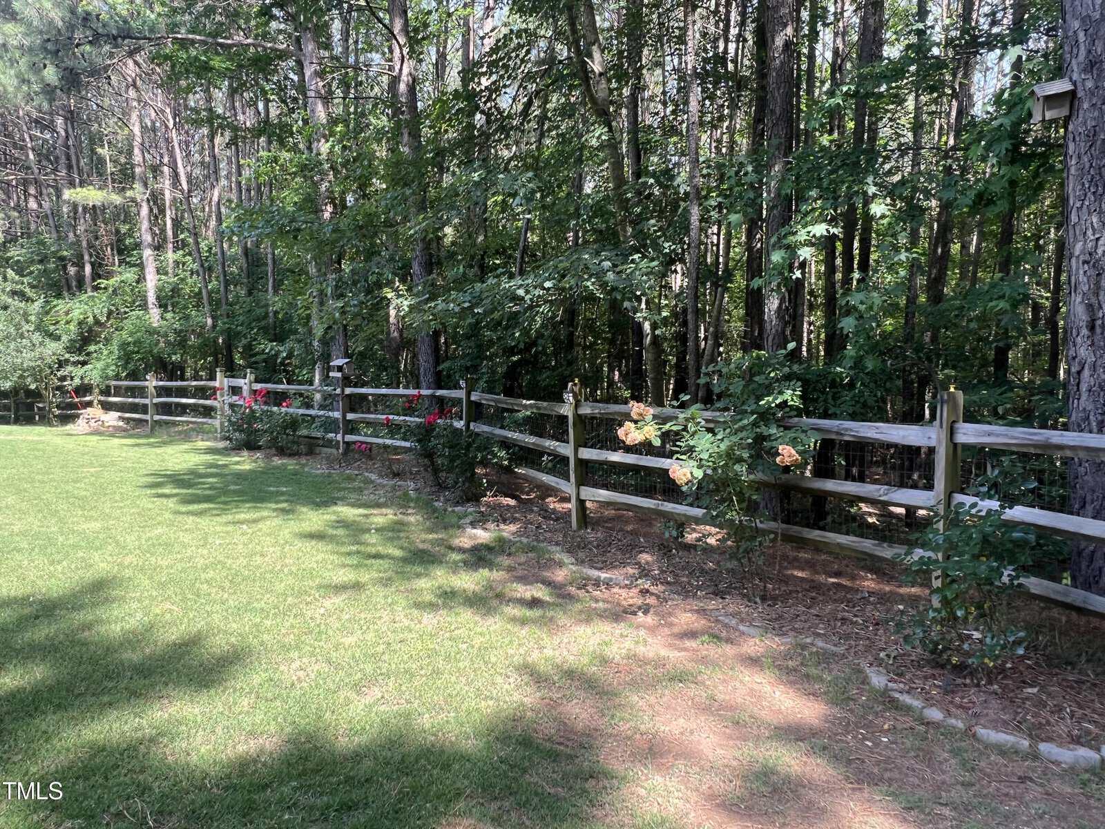 A grassy backyard with a wooden fence lined with blooming flowers on the right side. Beyond the fence, there is a dense forest of tall trees under a clear blue sky.
