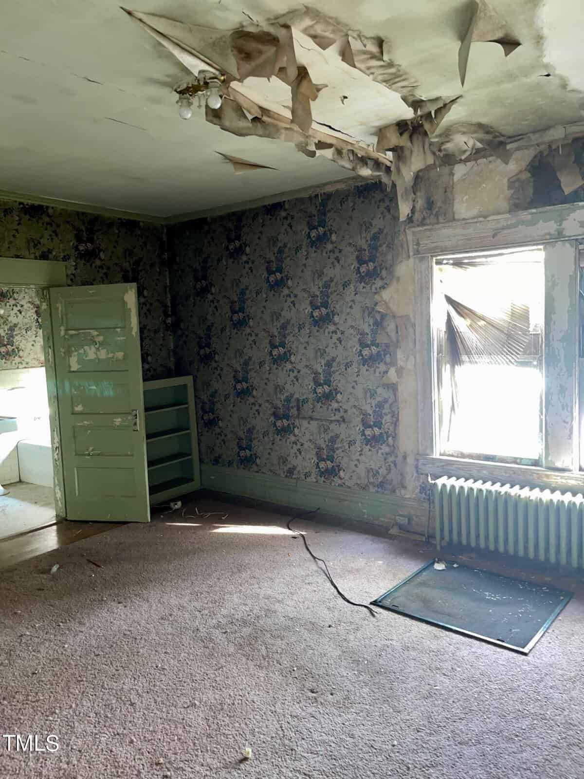 An abandoned room with peeling wallpaper and a deteriorating ceiling. The walls are covered in dark floral wallpaper, and there is a broken window with damaged blinds. The floor is carpeted, and there's an old green door ajar, revealing another room.