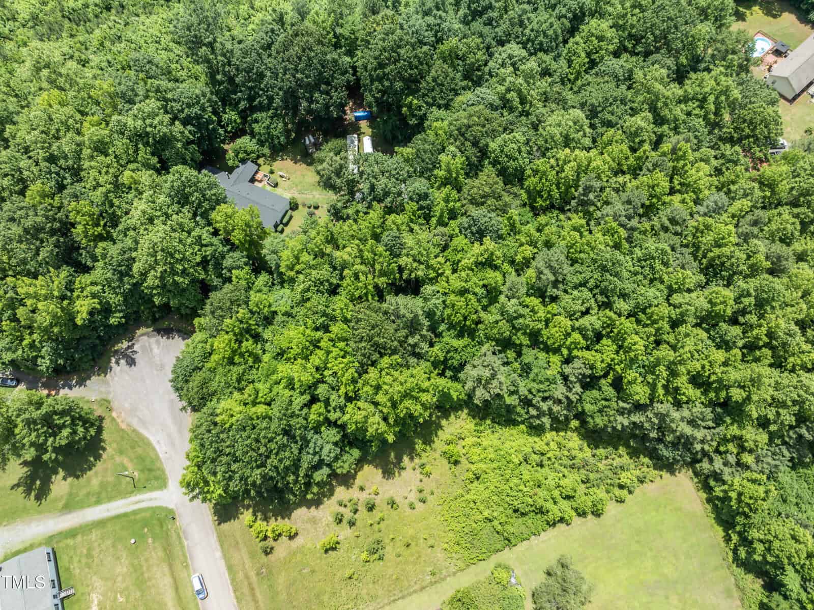 Aerial view of a wooded area with dense green trees and a few visible clearings. A narrow road runs alongside 6596 Pebble Lane, Oxford, and a house is partially visible on the left. The scene is surrounded by lush, vibrant greenery.