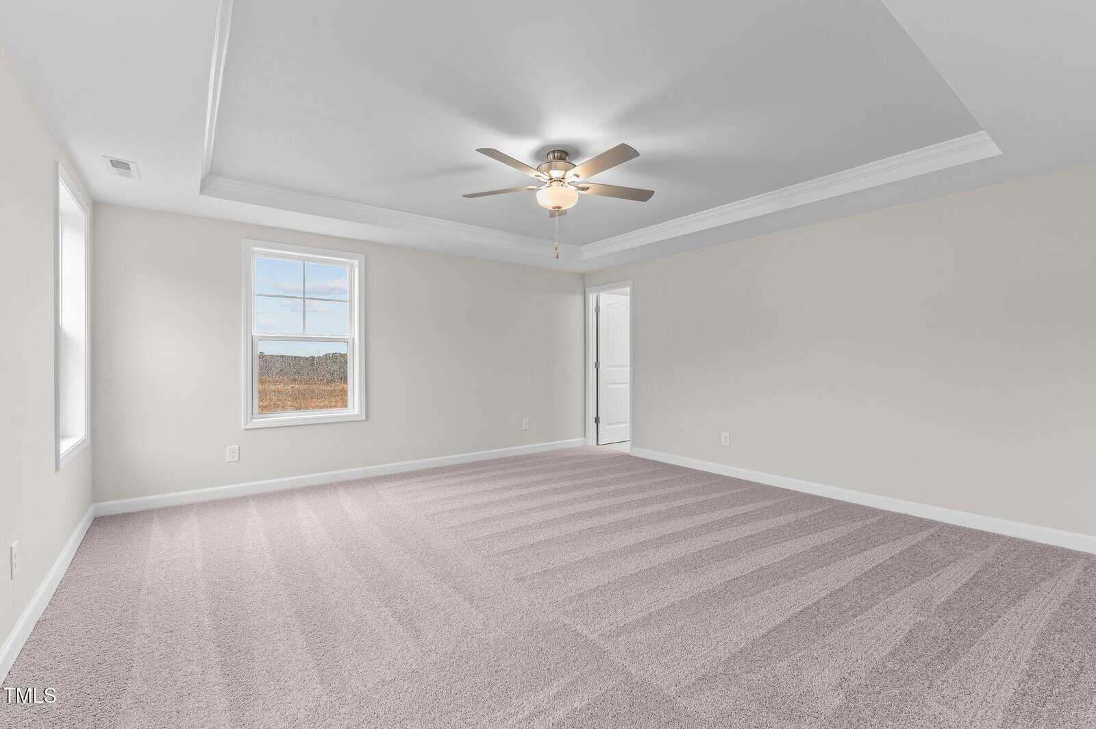 Bright, empty room with light beige walls, clean light carpet, a tray ceiling with a ceiling fan, two windows, and a white door. Sunlight enters, creating a fresh and spacious atmosphere.