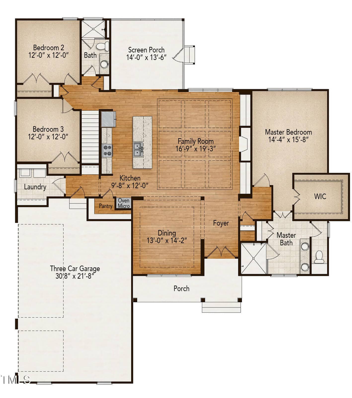 Floor plan of a single-story house featuring three bedrooms, family room, kitchen, dining area, laundry, master bath, walk-in closet, screen porch, front porch, pantry, and a three-car garage.