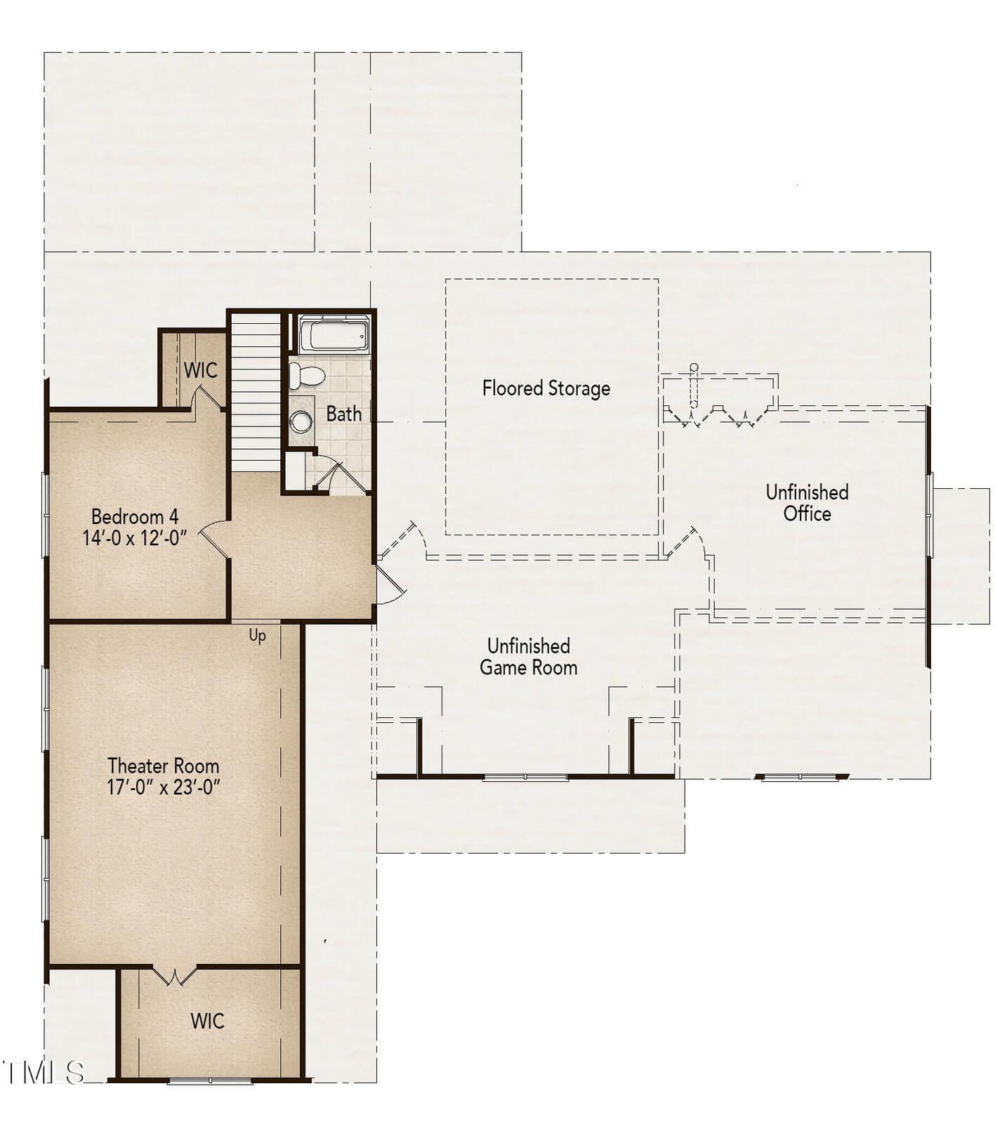 Floor plan showing a basement with Bedroom 4, a bath, two WICs, a theater room, unfinished game room, unfinished office, and a floored storage area. Stairs are located near the bedroom and bath.