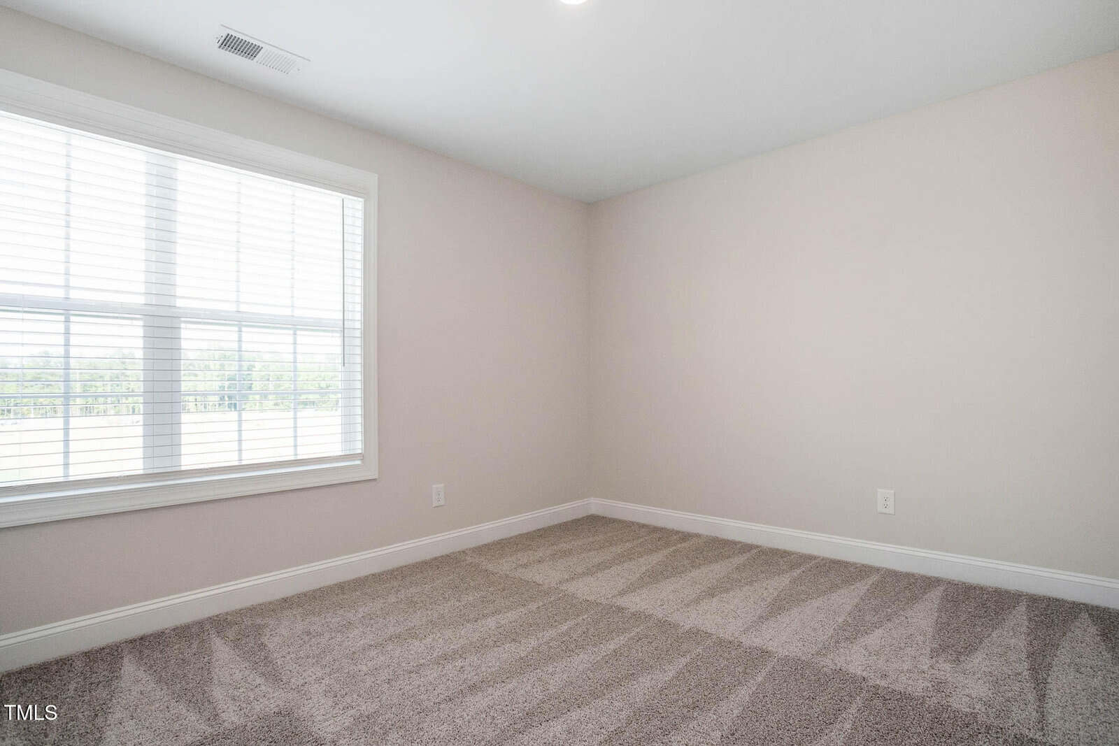 An empty room with beige walls and carpeted floor. A large window with white blinds lets in natural light. The ceiling is white, and there's a standard electrical outlet on one wall.