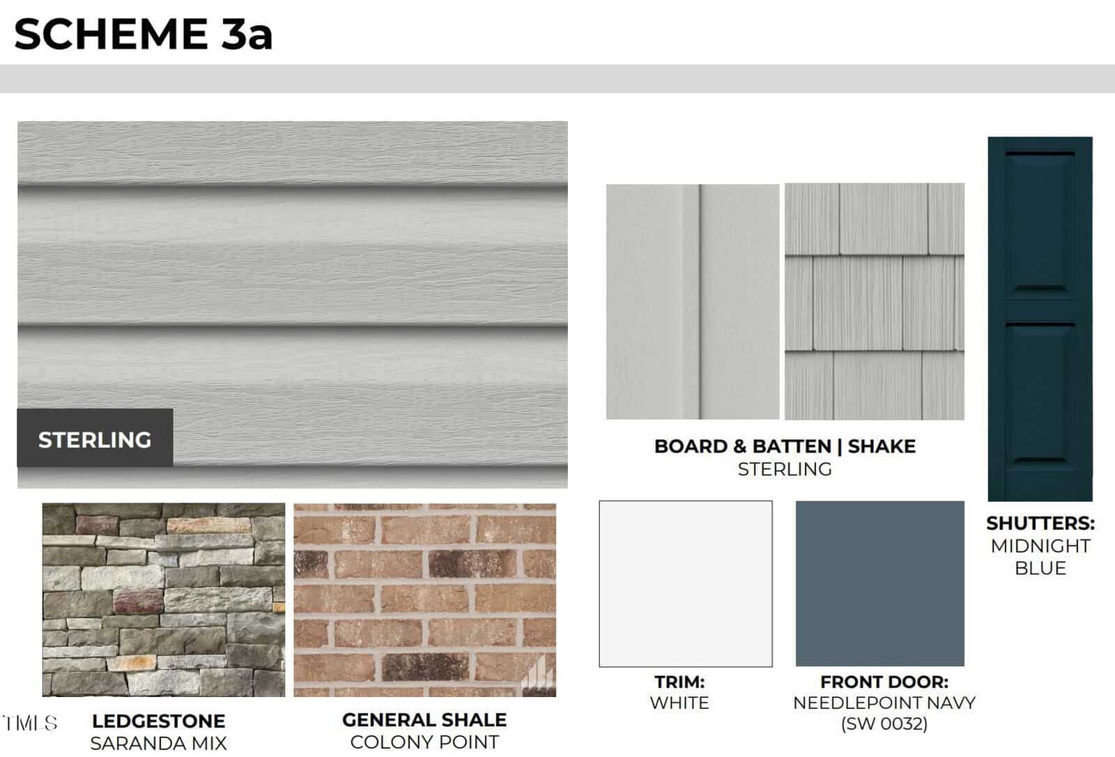 A home exterior color scheme featuring light gray siding, board & batten, and shake labeled "sterling," with midnight blue shutters, a navy front door, white trim, ledgestone, and general shale stone.