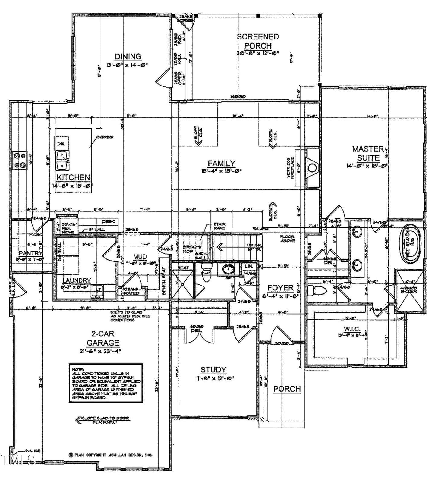 Floor plan of a house featuring a 2-car garage, kitchen, dining area, family room, master suite, study, laundry, mudroom, and screened porch. Includes entry foyer, pantry, and bathrooms. Layout details are labeled with dimensions.