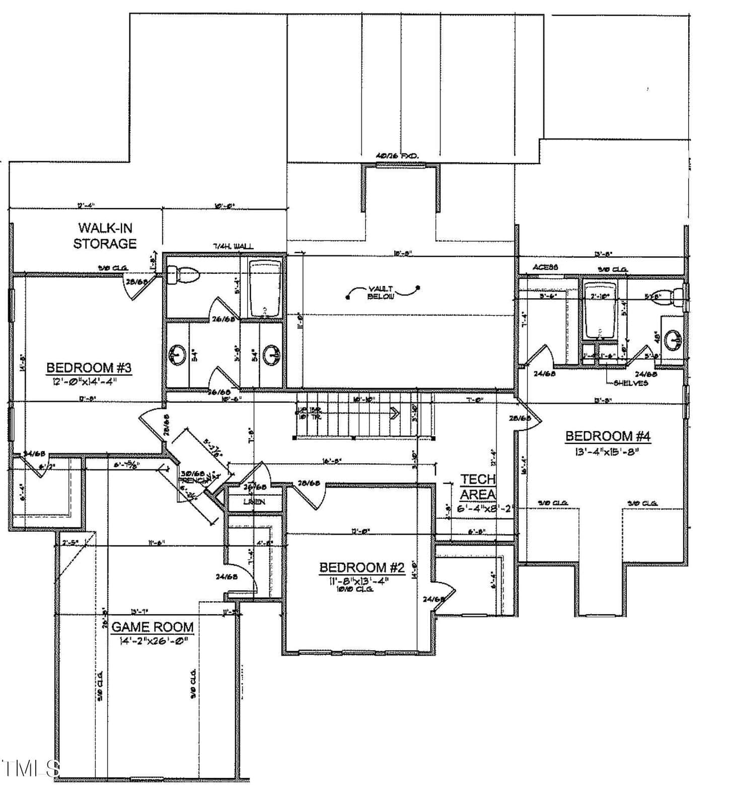 Black and white architectural floor plan labeled "SECOND FLOOR," showcasing multiple bedrooms, a game room, walk-in storage, and a tech area with detailed dimensions and wall placements.