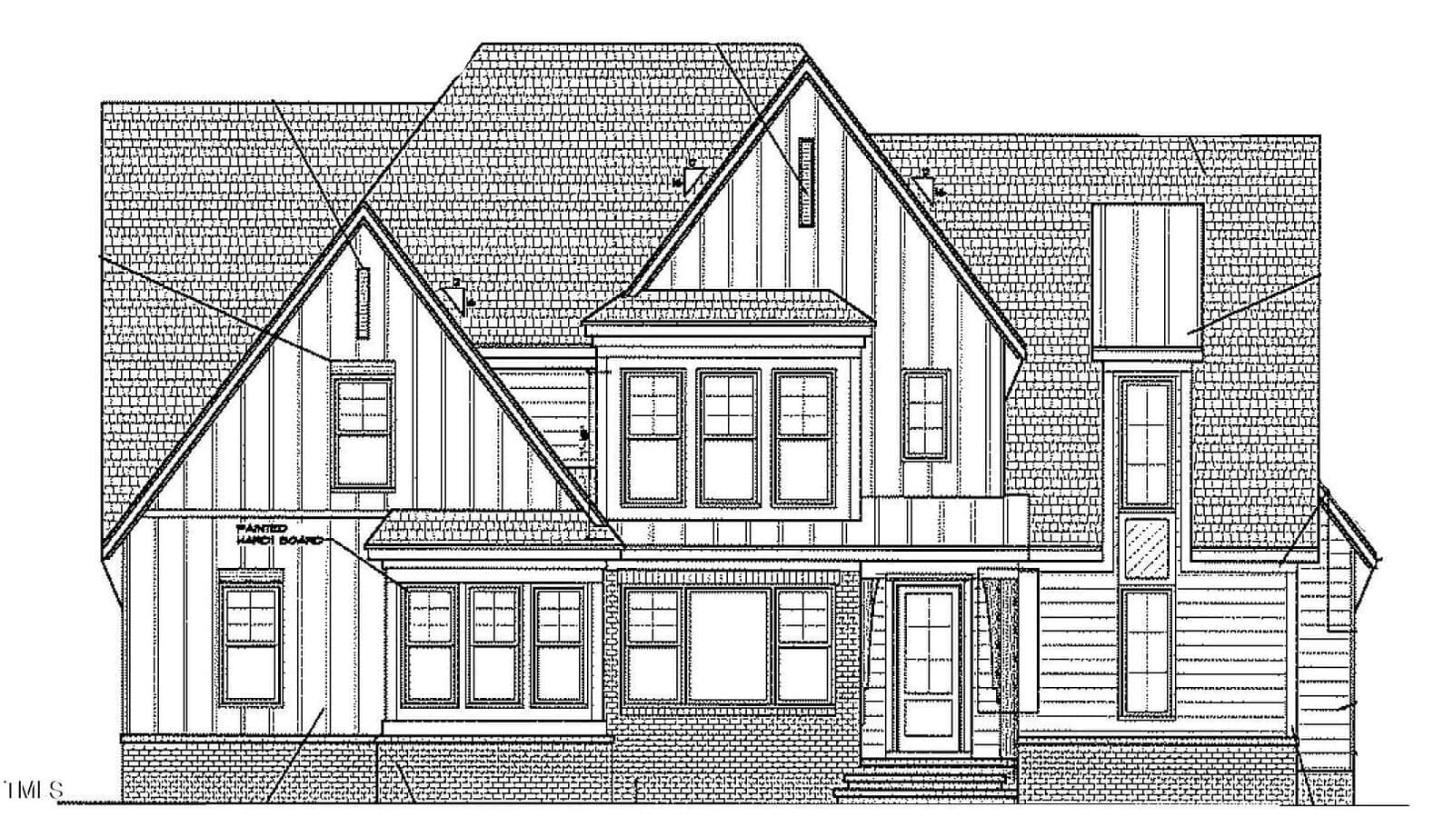 Architectural line drawing of a two-story house with a gabled roof, several windows, a central door, and a distinctive mix of horizontal and vertical siding patterns.