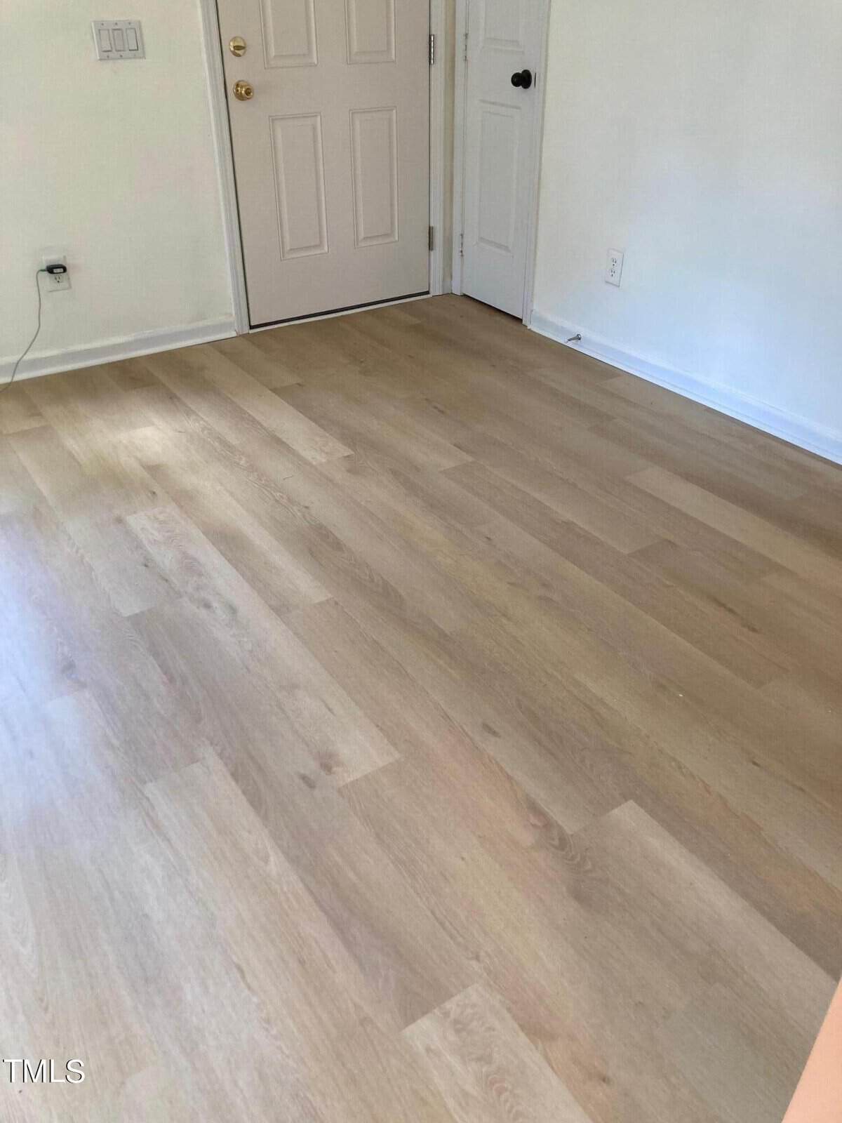 A room with light wooden flooring and white walls. Two closed doors are visible on the far wall, along with a light switch and an electrical outlet. The room is empty and well-lit from natural light.