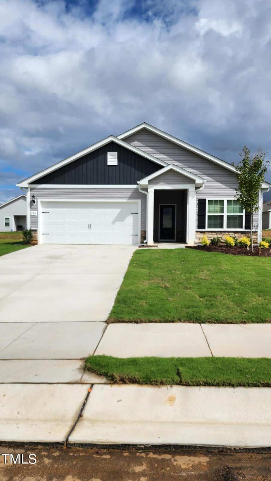 Located at 819 Rhino Bend, this modern single-story house boasts a dark gray and white exterior. It features a two-car garage, a concrete driveway, and a neatly maintained green lawn. The sky over Oxford is partly cloudy.
