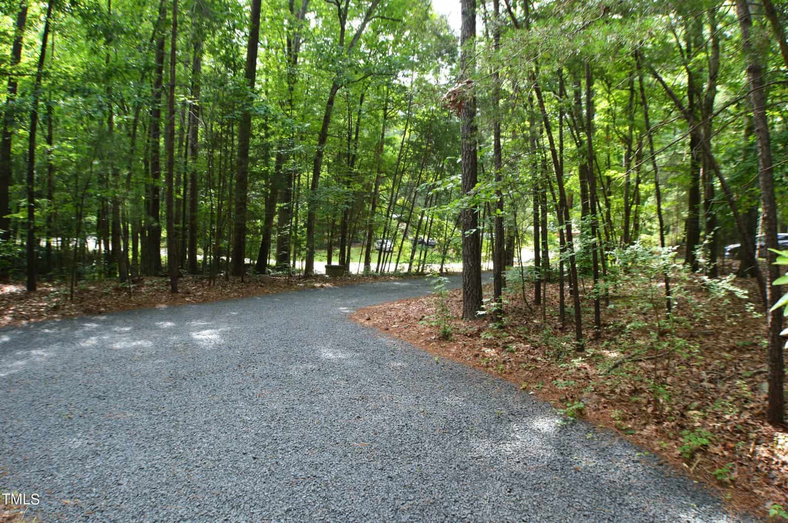 A gravel path winds through a lush, green forest with tall trees on both sides. Sunlight filters through the leaves, casting dappled shadows on the ground. The scene is peaceful and serene.