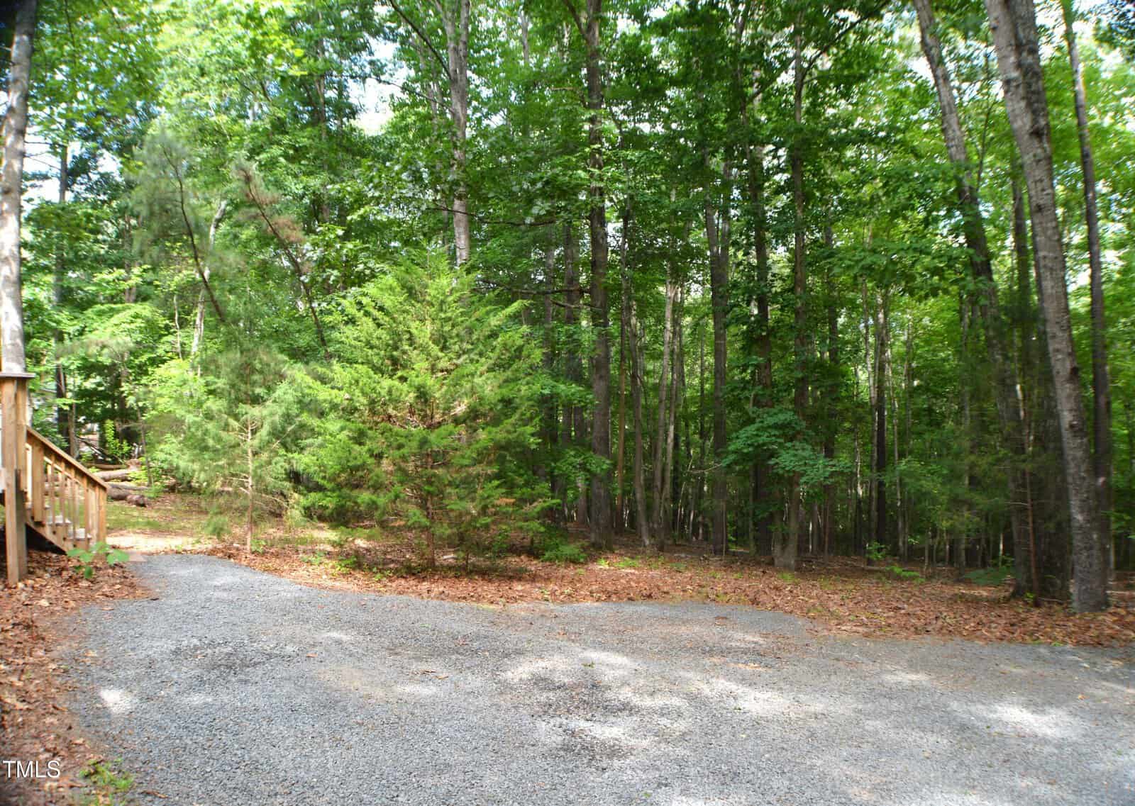 A gravel driveway curves into a forested area with dense green trees and shrubs. A wooden railing is visible on the left, suggesting a nearby structure. The scene is peaceful and natural, with sunlight filtering through the leaves.