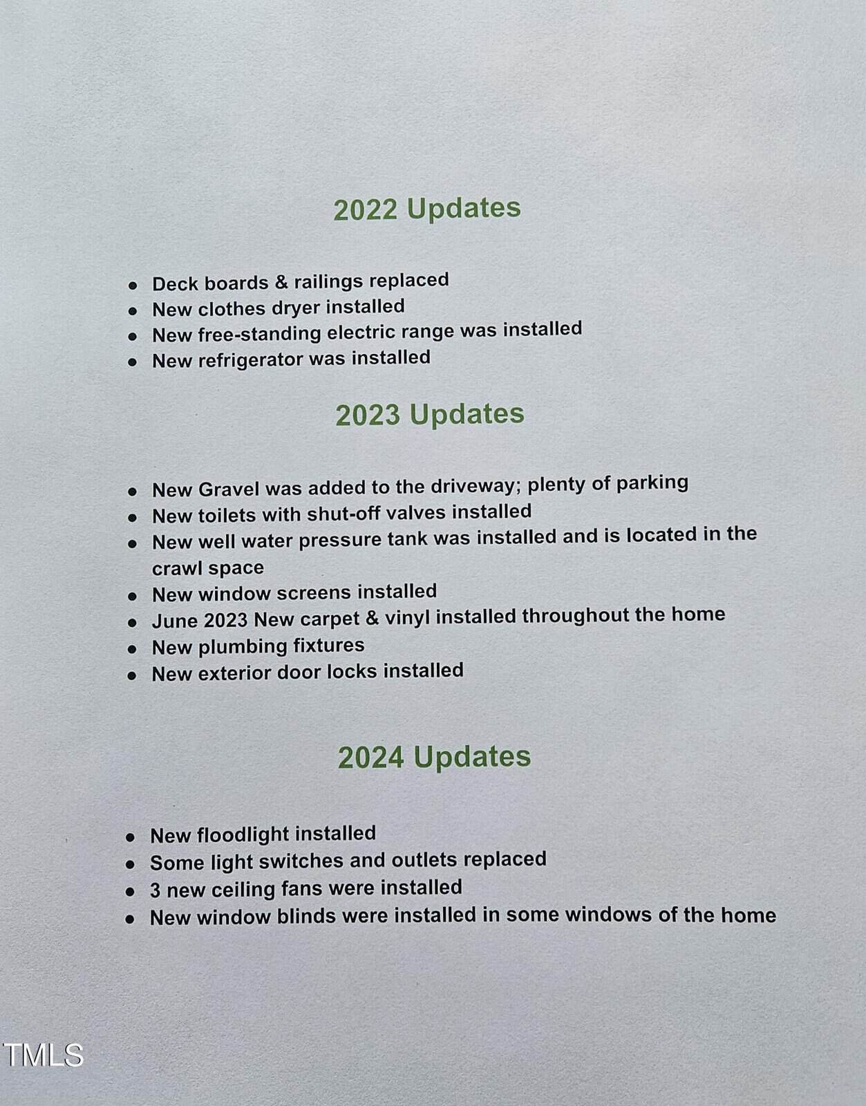 Text listing upgrades for 2022, 2023, and 2024. Updates include deck repairs, appliance installations, new plumbing, window screens, flooring, lighting, fans, and blinds.