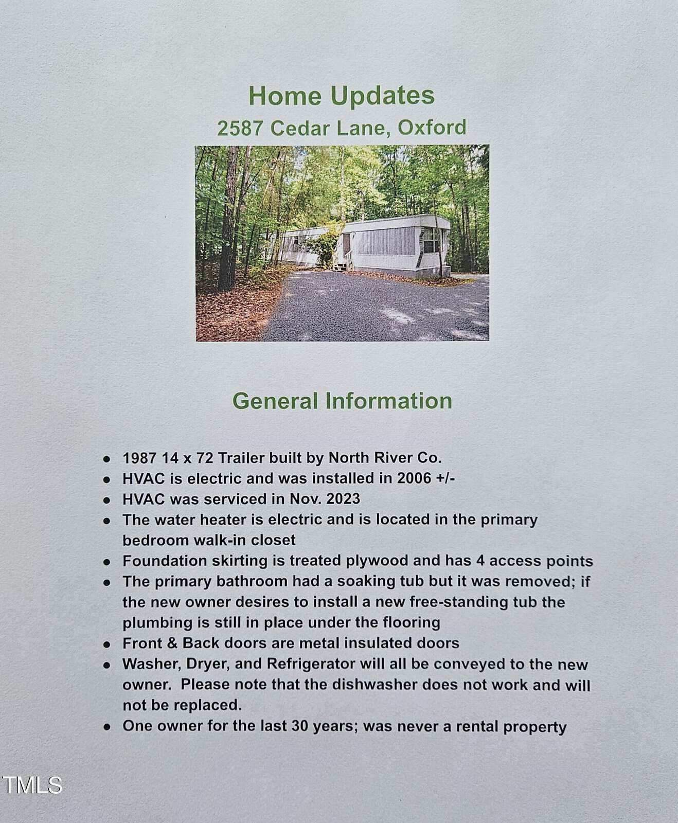 A flyer titled "Home Updates" for a property at 2587 Cedar Lane, Oxford. It features an image of a trailer in a wooded area and lists various updates such as new HVAC, water heater, and information about the foundation and appliances.
