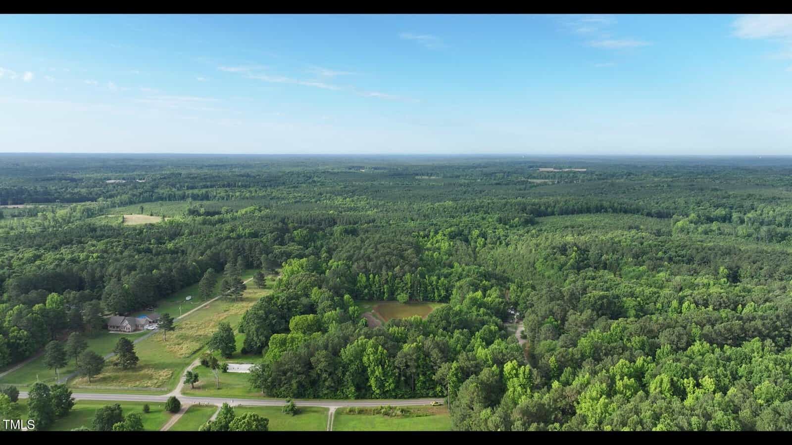 Aerial view of a vast, lush green forest landscape under a clear blue sky. A few scattered houses and a road are visible in the foreground, partially surrounded by open fields and dense woodland.