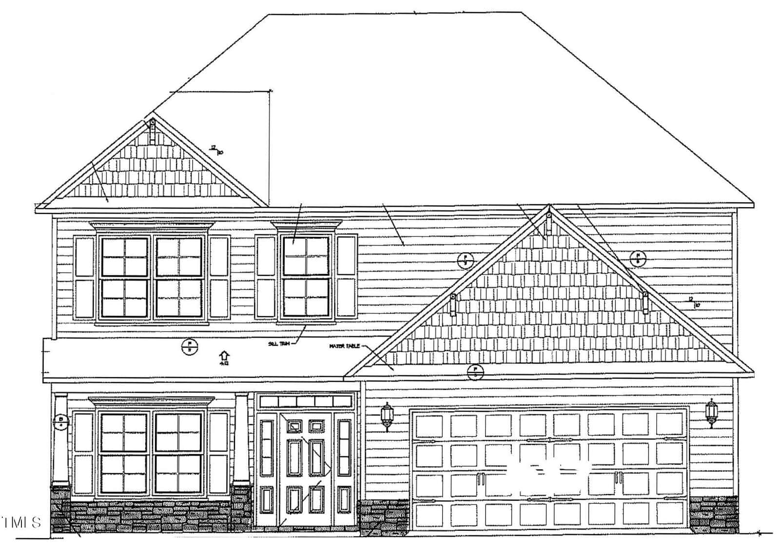Black and white architectural drawing of a two-story house with a double garage, front porch, and multiple windows. The exterior features siding, brick accents, and detailed rooflines.