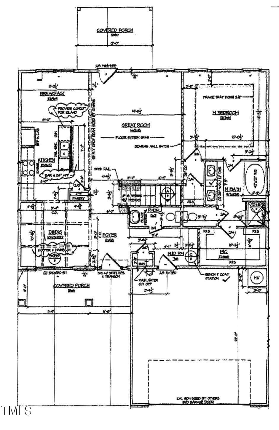 Black and white floor plan of a house featuring a garage, covered porch, great room, kitchen, dining area, pantry, bathrooms, bedrooms, laundry, and closets, with room labels and measurements noted throughout.