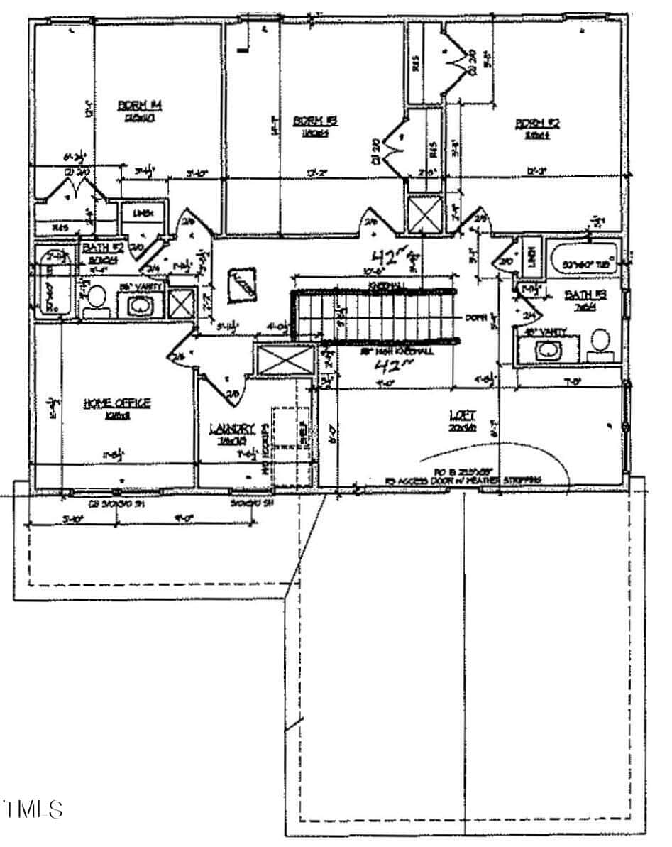 Black-and-white floor plan of a house showing bedrooms, bathrooms, kitchen, home office, laundry, loft, and stairwell. Each room is labeled with dimensions and features various doors, closets, and fixtures.