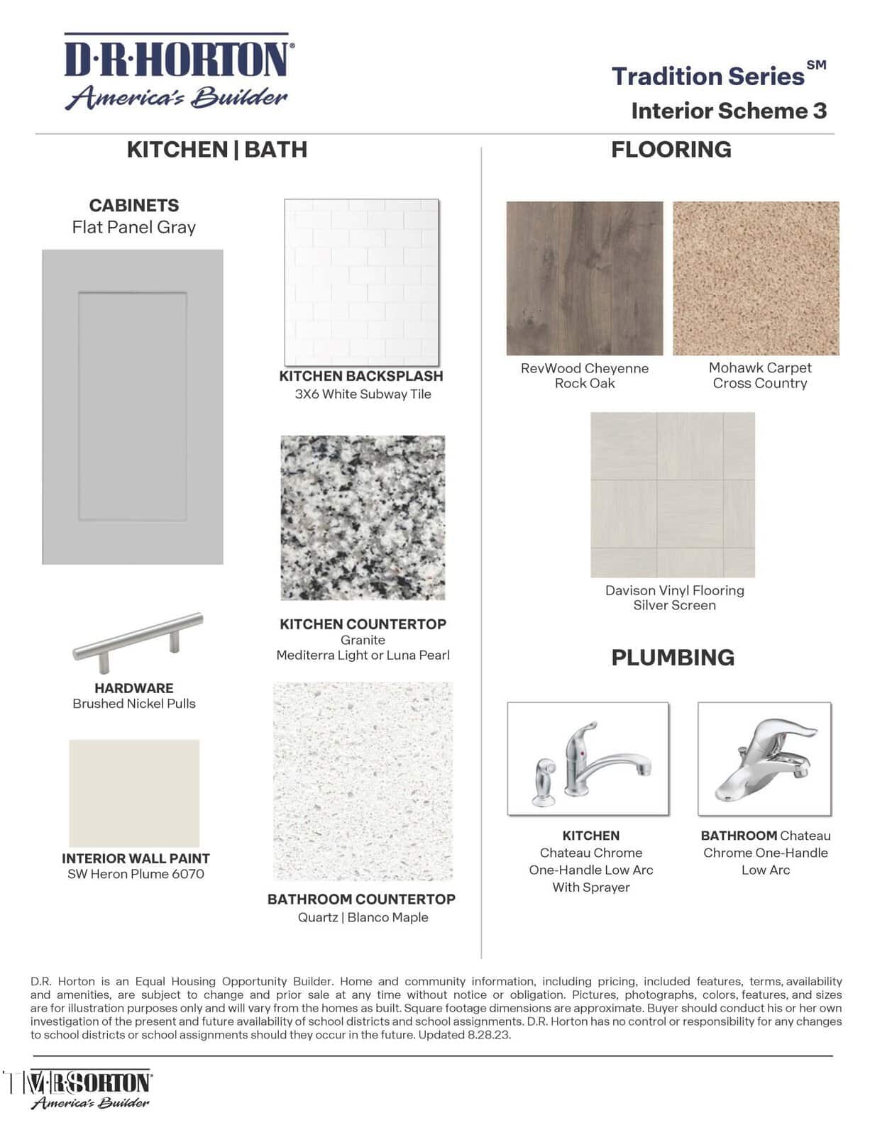 An interior scheme board shows kitchen and bath design options, including gray flat panel cabinets, a stone tile backsplash, granite countertops, brushed nickel hardware, vinyl plank flooring, and chrome plumbing fixtures.