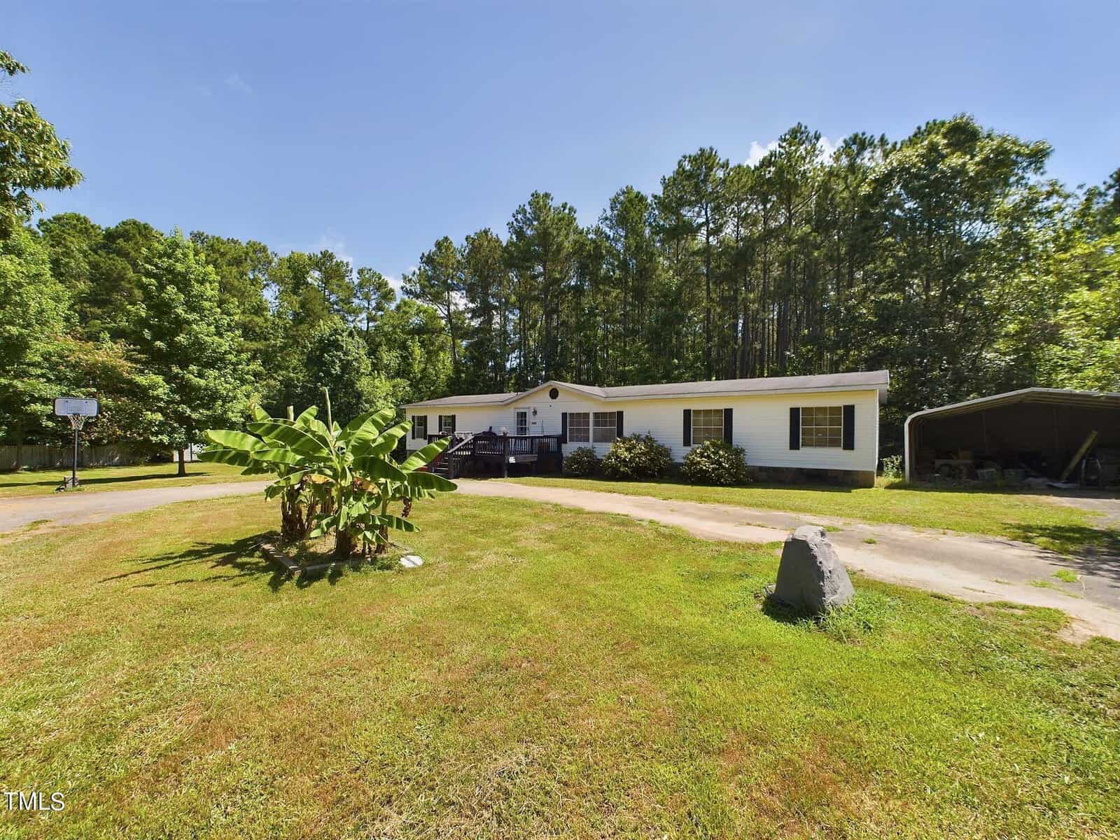 A white ranch-style house with a dark roof sits amidst a grassy yard, bordered by trees. A banana plant and a basketball hoop are visible. There's a driveway leading to a carport on the right under clear blue skies.