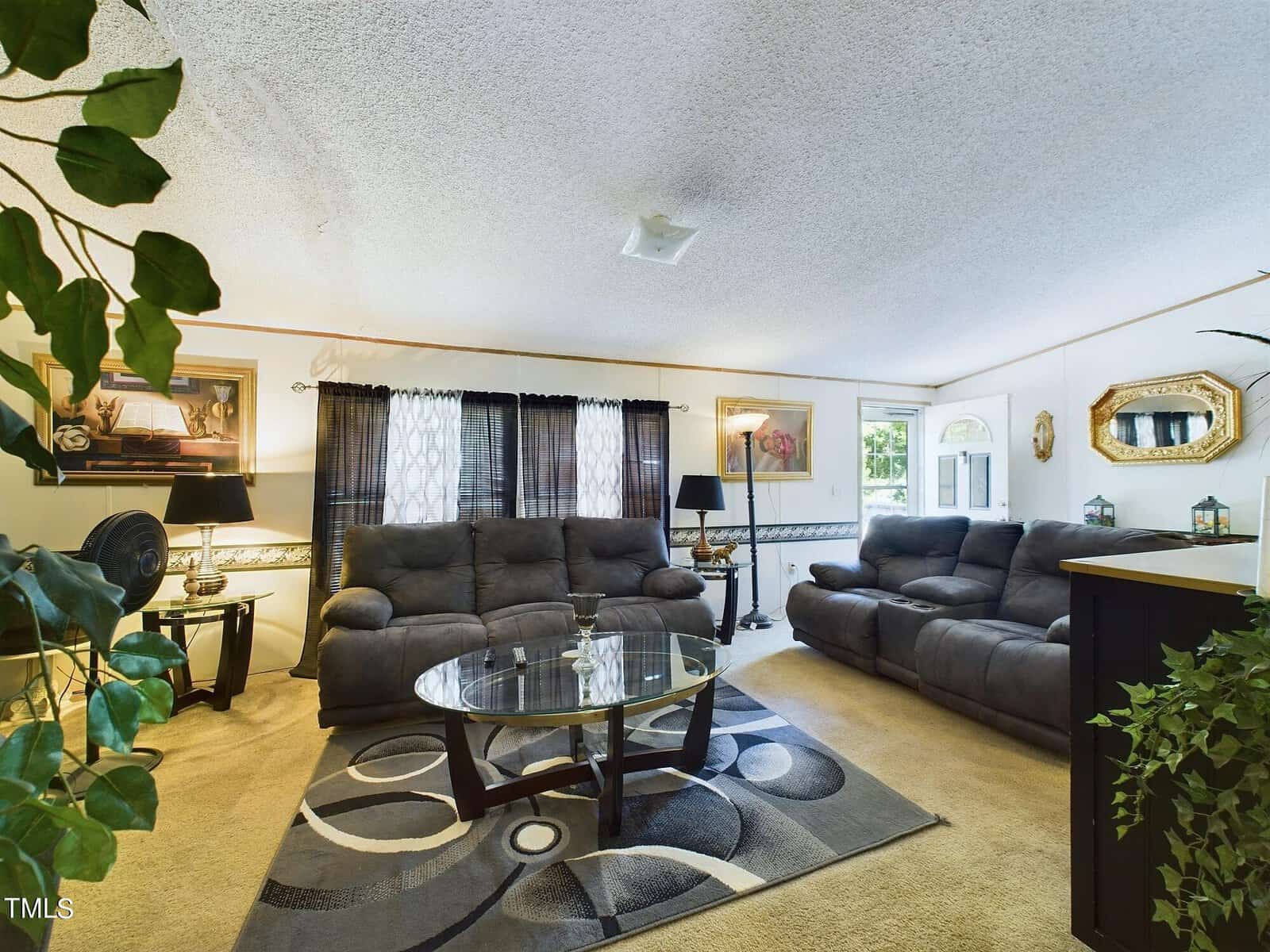 A cozy living room with two gray sofas, a glass coffee table, and modern decor. The room is bright, with sunlight streaming through sheer curtains. There are plants, wall art, and a patterned area rug on a tan carpet.