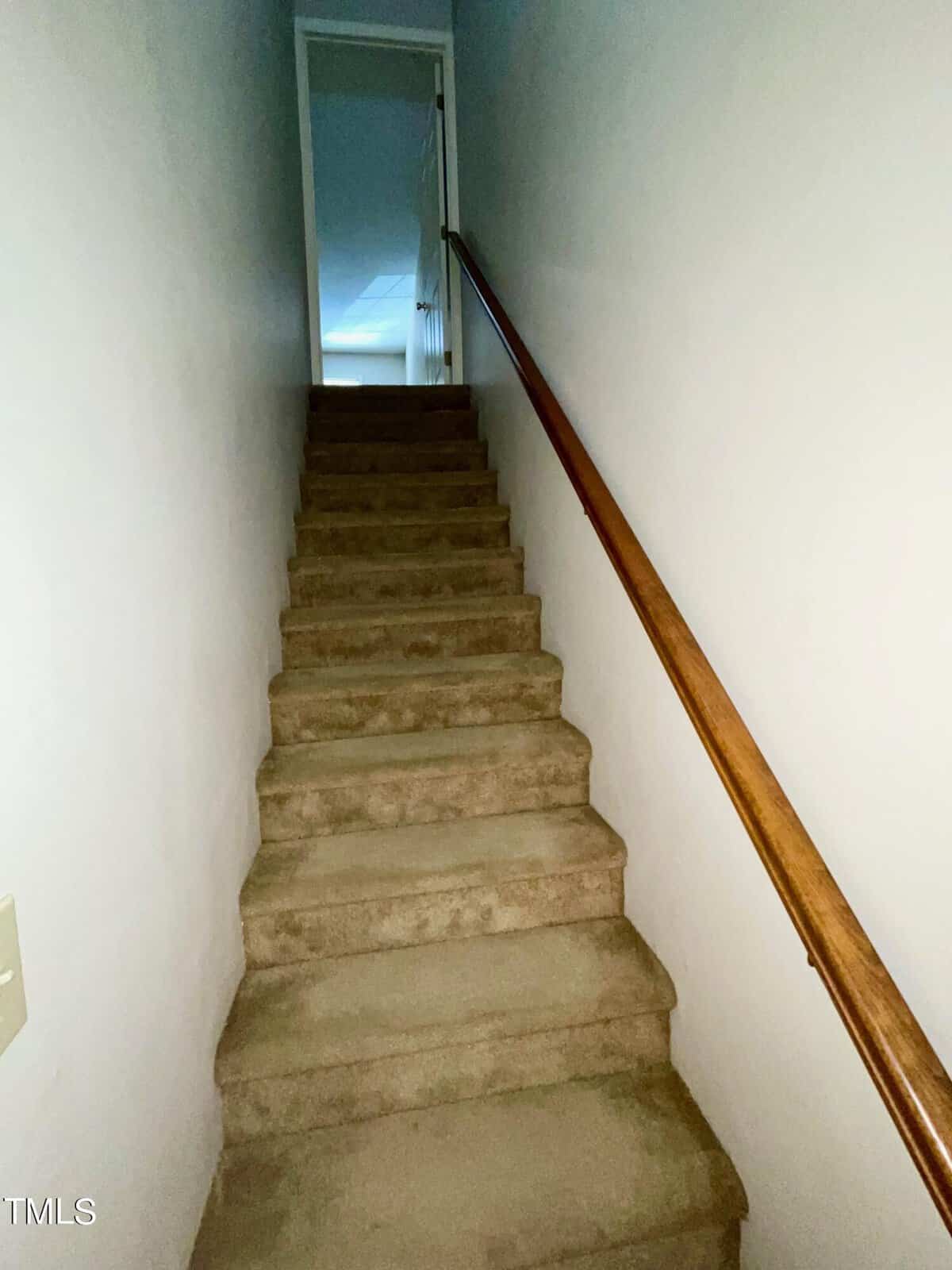 Carpeted staircase with a wooden handrail on the right side, leading up to an open doorway at the top. The stairway is narrow and enclosed by light-colored walls.