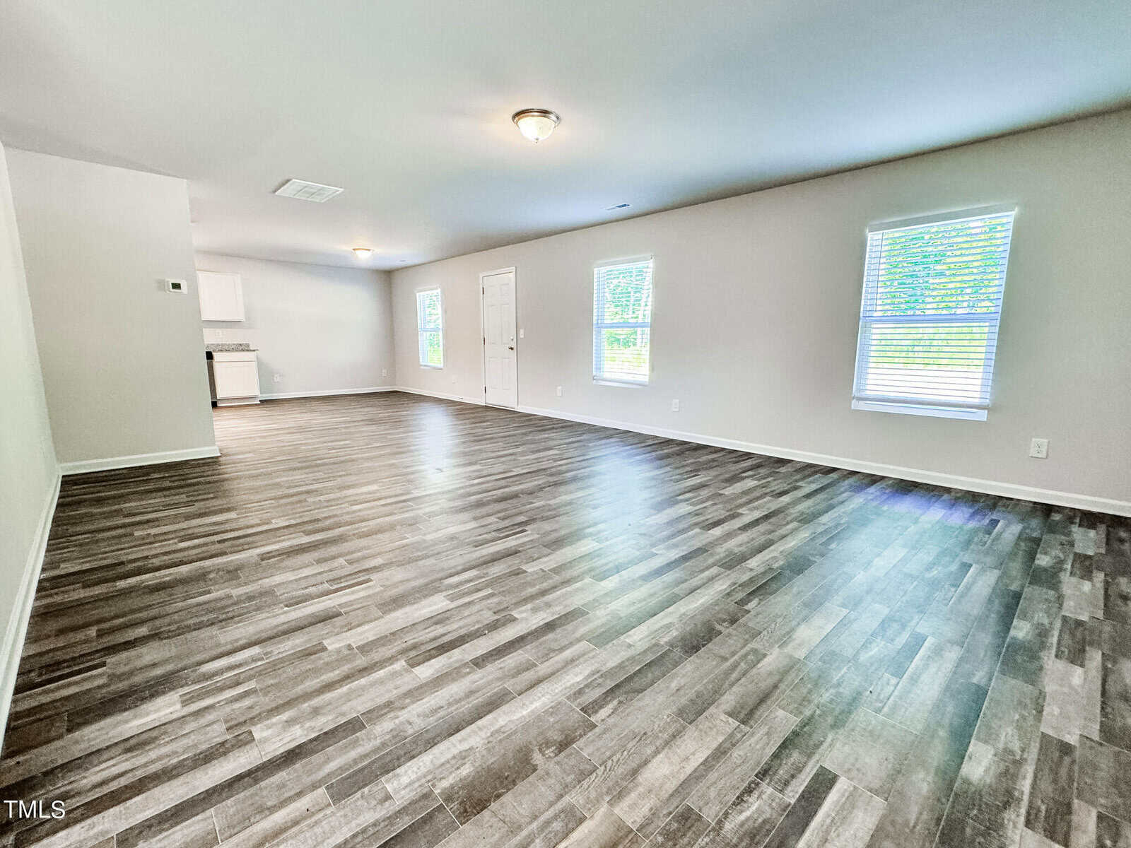 Open-concept room with light gray walls and dark wood-style flooring. The space features large windows letting in natural light, ceiling lights, and visible kitchen area in the far corner. Doorways and wide, unobstructed floors allow for adaptable living arrangements.
