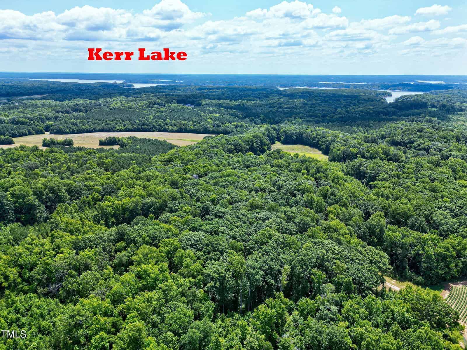 Aerial view of a vast, densely forested area with green trees stretching across the landscape. In the distance, a large body of water labeled "Kerr Lake" is visible. Fields and open areas are interspersed within the forest. The sky is partly cloudy.