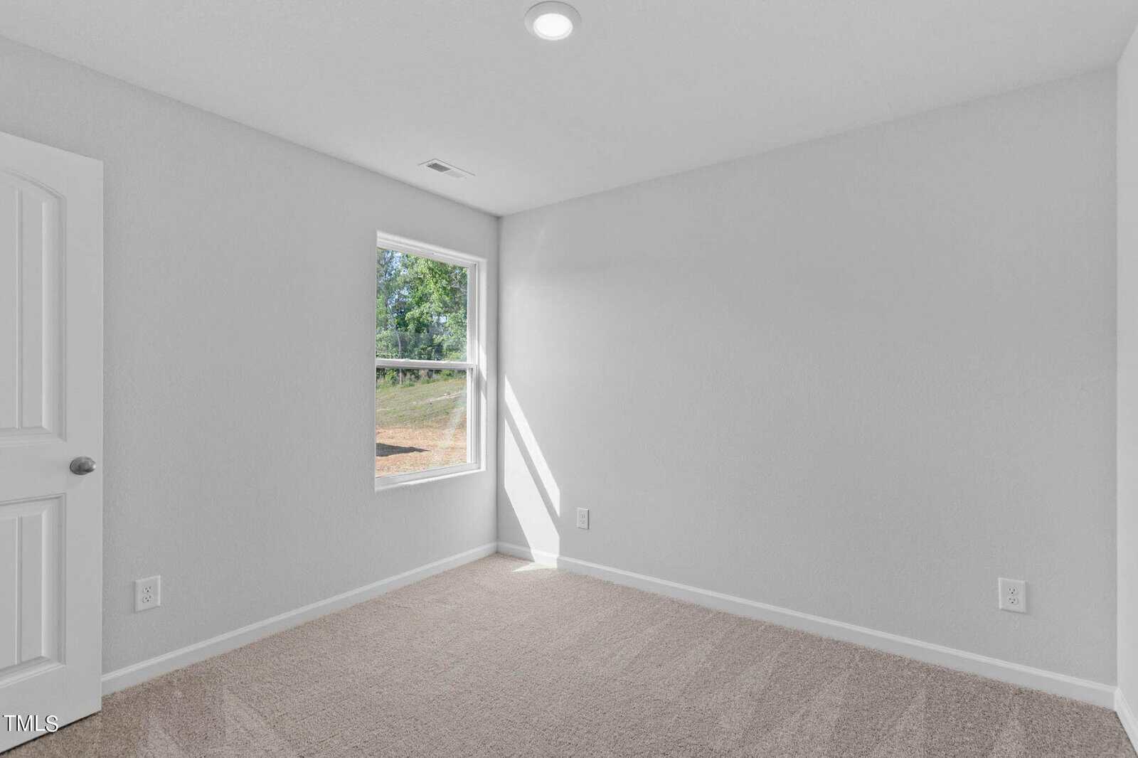 A small, empty room with light gray walls and beige carpet. A single window on the left wall lets in natural light. There is a white door on the left, and a ceiling light is on. The window shows a view of greenery outside.