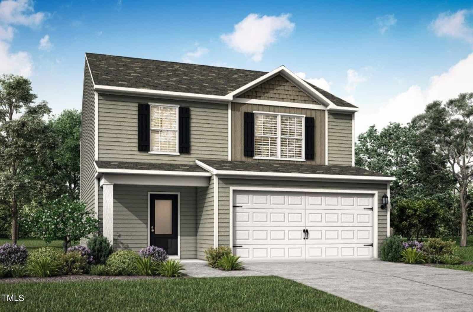 A two-story house on 700 Rhino Bend, featuring green siding, black shutters, and a gable roof. It boasts a white double garage door and a small porch. The front yard is adorned with tidy shrubs and grass, while trees stand tall against the partly cloudy Oxford sky.