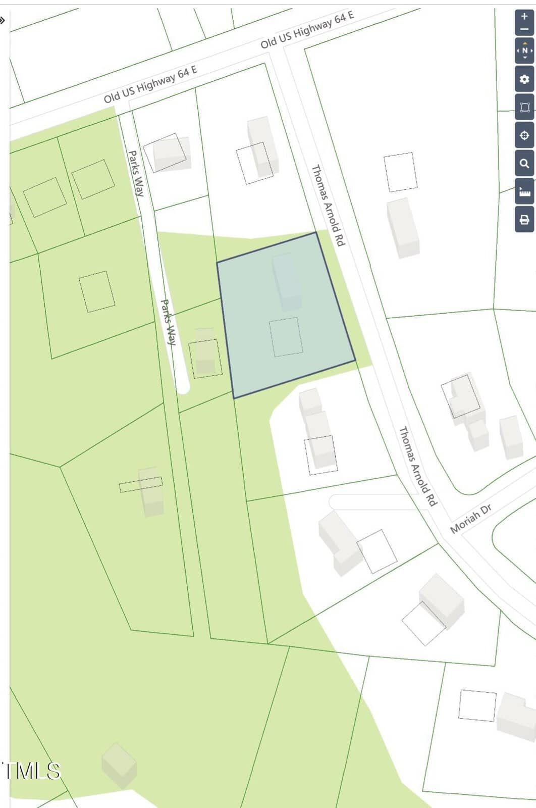 A map showing a highlighted property at the intersection of Thomas Arnold Rd and 7th Pine Way, with surrounding parcels, roads, and shaded green areas indicating possible wooded or undeveloped land.