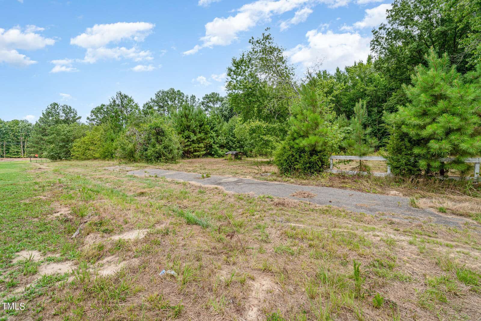 An overgrown path runs through a grassy area, surrounded by dense trees under a partly cloudy sky. Some wooden fencing is visible, with lush greenery providing a natural, forested backdrop.
