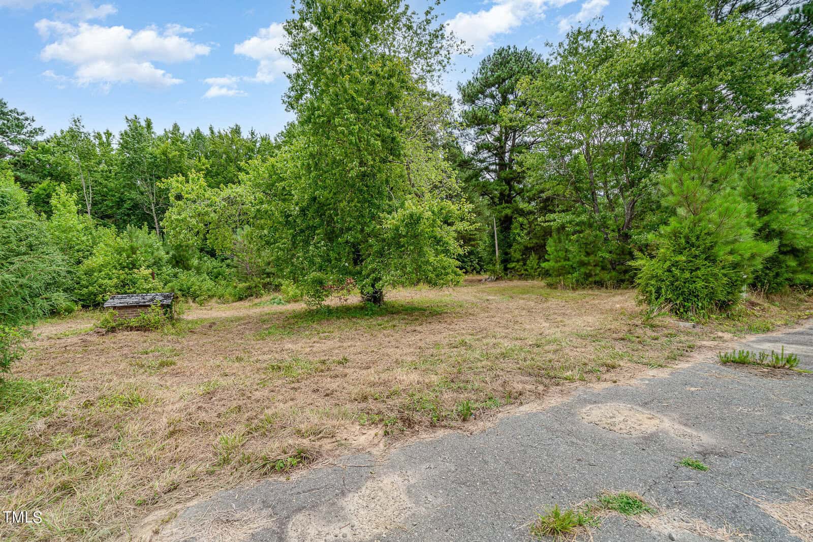 A cleared grassy area with patches of dirt surrounded by lush green trees under a blue sky with scattered clouds. A small wooden structure is on the left side of the clearing.