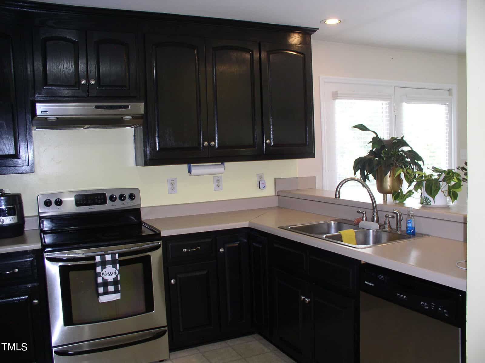 A modern kitchen featuring dark wooden cabinets, stainless steel stove and oven, over-the-range microwave, and a double sink with a potted plant on the counter by the window. The kitchen also includes a dishwasher and various small appliances.