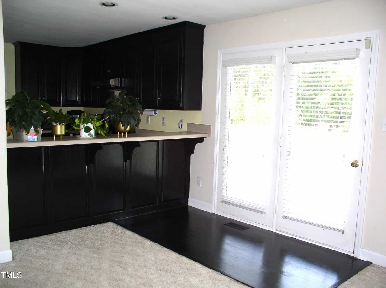 A kitchen area with black cabinets, a beige countertop, and several potted plants on the counter. Adjacent is a set of white double doors with blinds, allowing natural light into the space. The floor transitions from dark wood to light-colored carpet.
