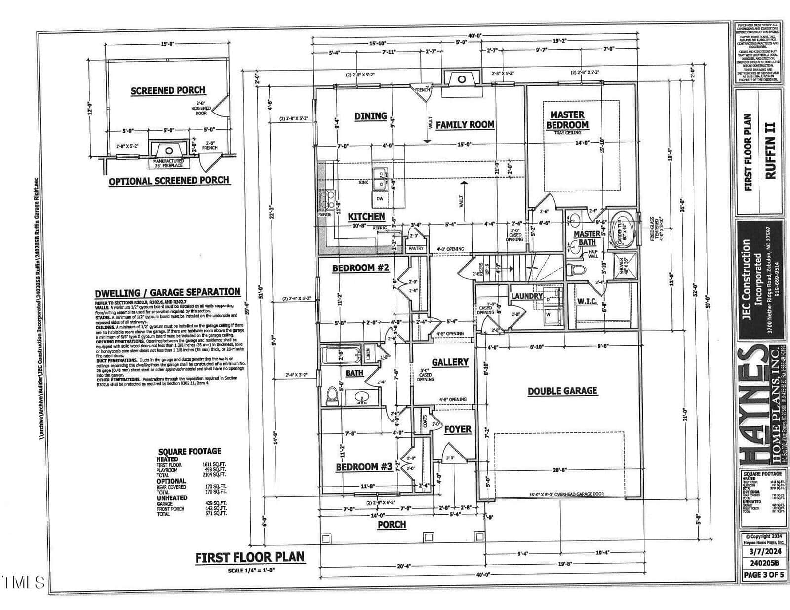Black and white architectural floor plan of a single-story house featuring three bedrooms, two bathrooms, a kitchen, dining area, family room, porch, double garage, laundry room, pantry, and optional screened porch.