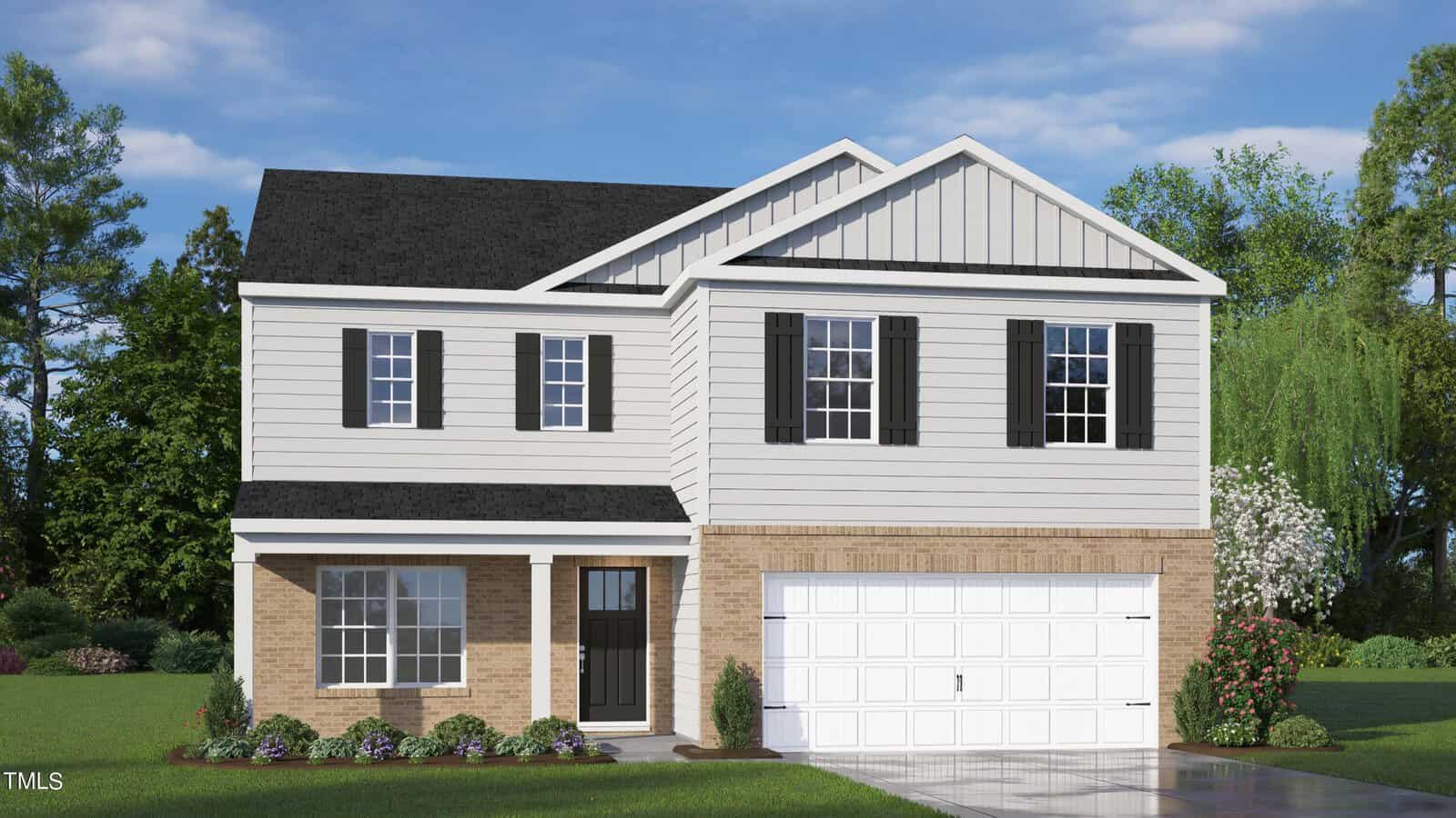 Two-story suburban house with beige brick on the lower level, white siding on the upper level, black shutters, and a white double garage. The yard is landscaped with shrubs and trees under a blue sky with clouds.