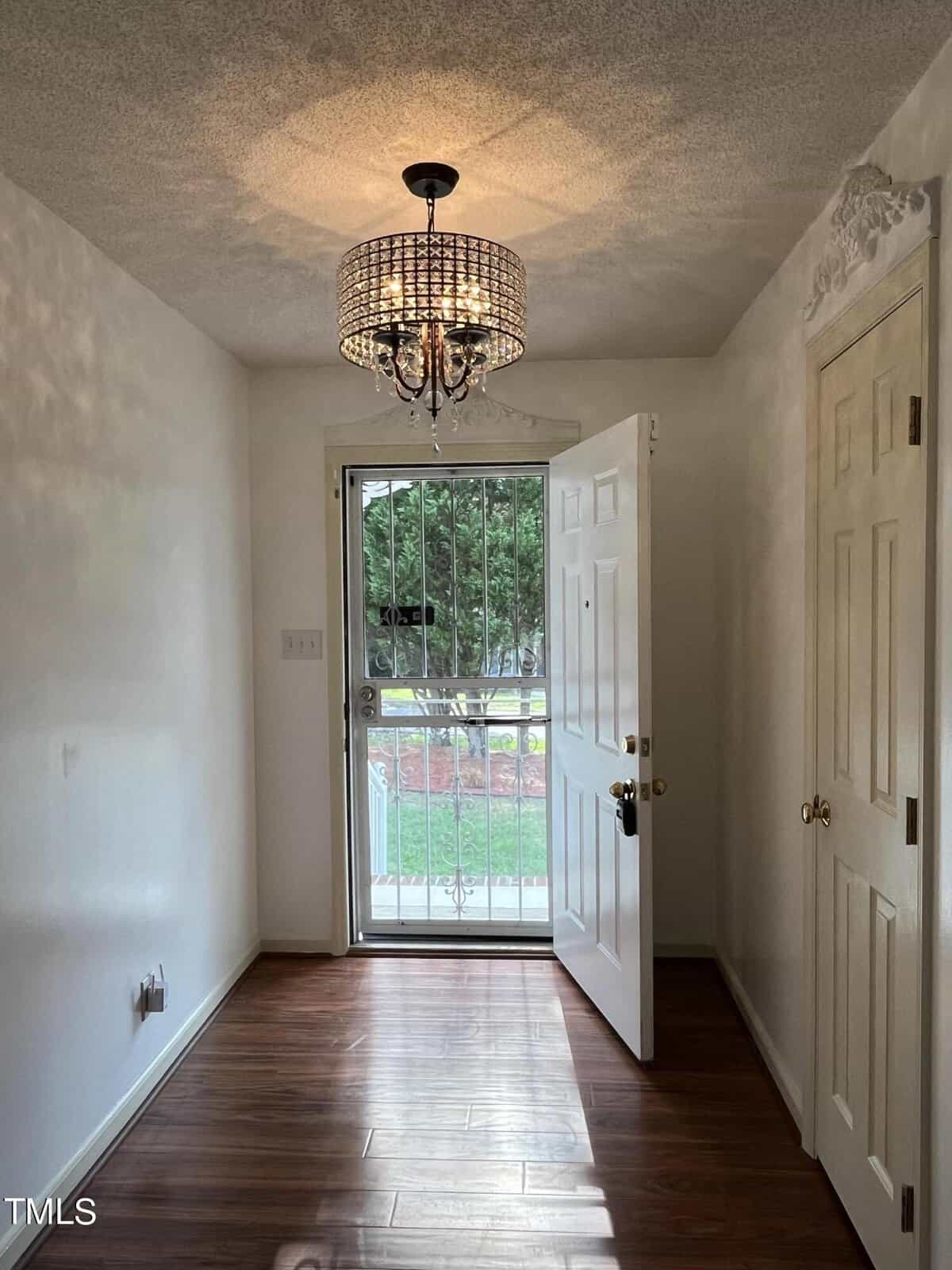 A small foyer with hardwood flooring features an open white door with a metal security screen. A decorative chandelier hangs from the ceiling, casting light onto the walls. Outside, greenery is visible through the doorway.