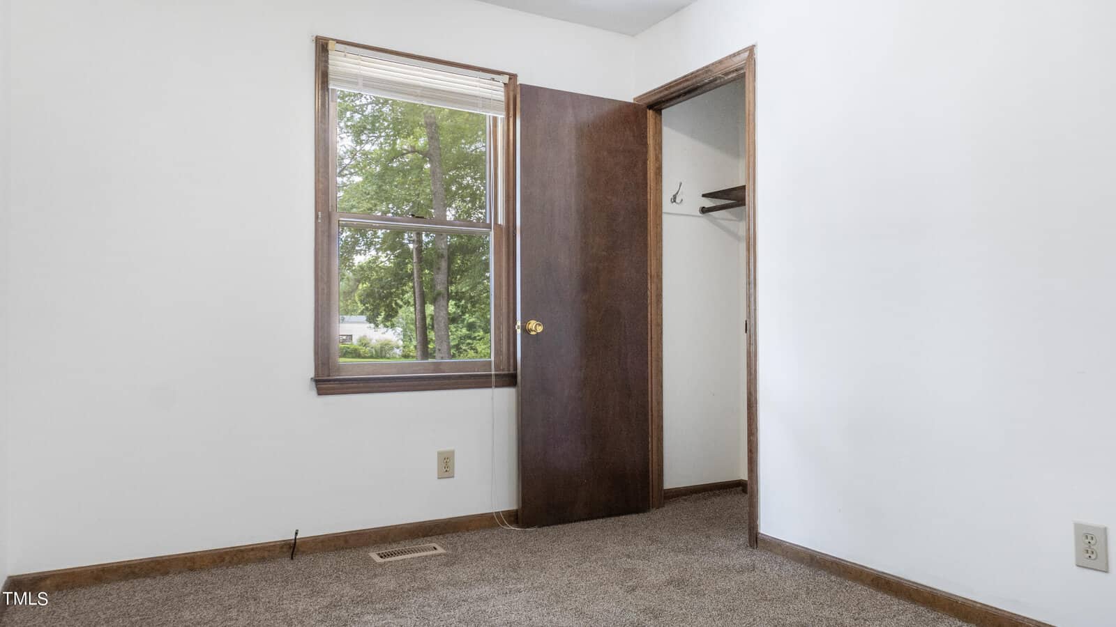A small, empty room with white walls and brown carpet. There is a window with blinds partially open, letting in daylight and showing green trees outside. A wooden door leads to a closet with a single hook inside. An electrical outlet is visible on the wall.