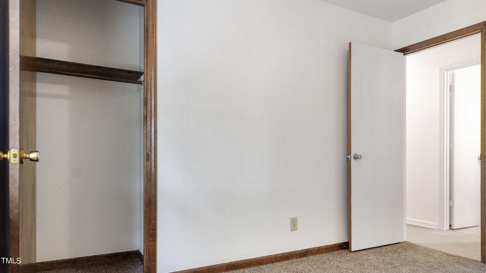 An empty room features a white wall, a closed door on the right, and an open closet with a wooden rod and upper shelf. The floor is carpeted in brown. A light switch is visible on the wall near the door.