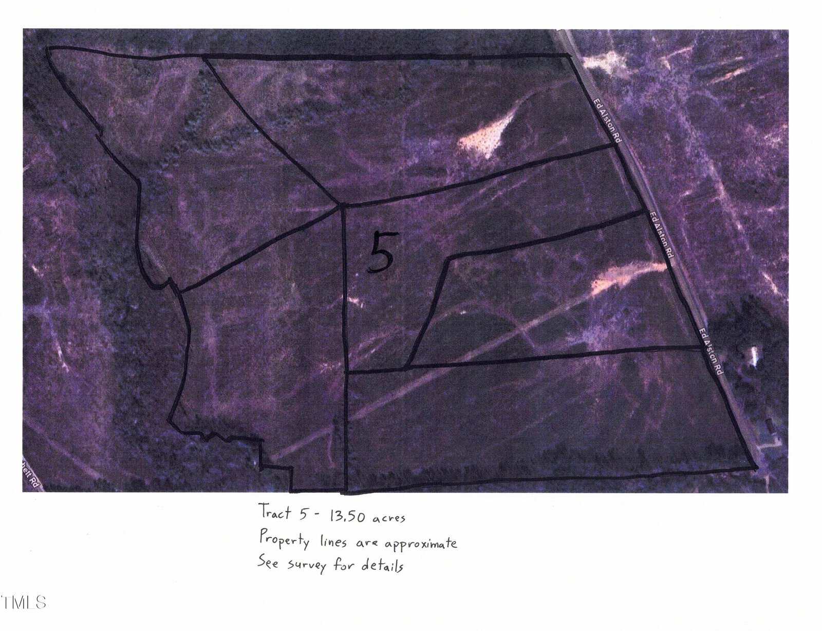 Aerial map showing property tract 5 outlined in black, totaling 13.50 acres near 5 Ed Alston Road, Warrenton. The map notes that property lines are approximate and advises to see survey for details. Dense trees and cleared paths are visible.