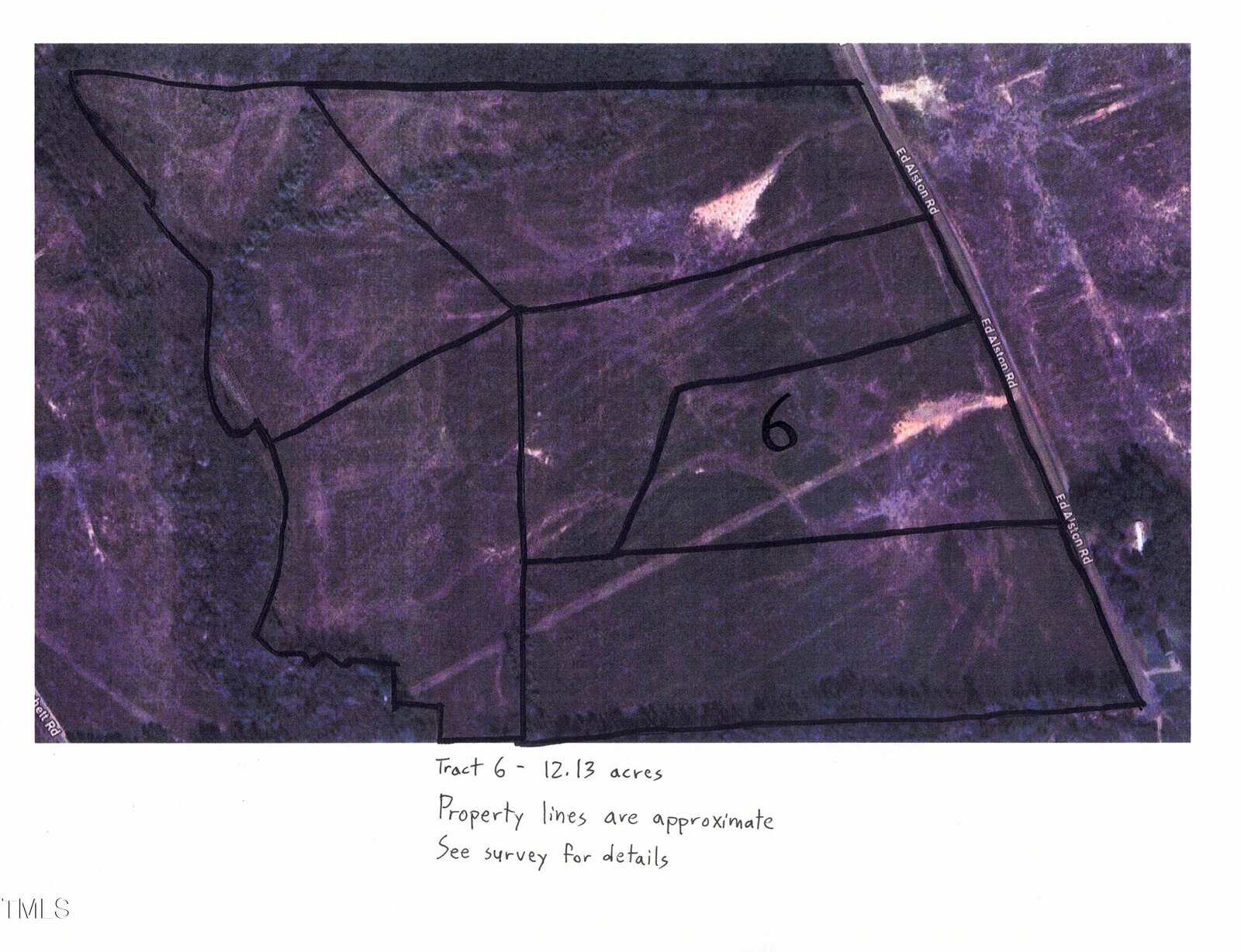 Aerial map showing Tract 6, about 12.13 acres, with hand-drawn property lines and a note stating lines are approximate and to see survey for details. The area is mostly wooded with a road on the right, located near 6 Ed Alston Road in Warrenton.