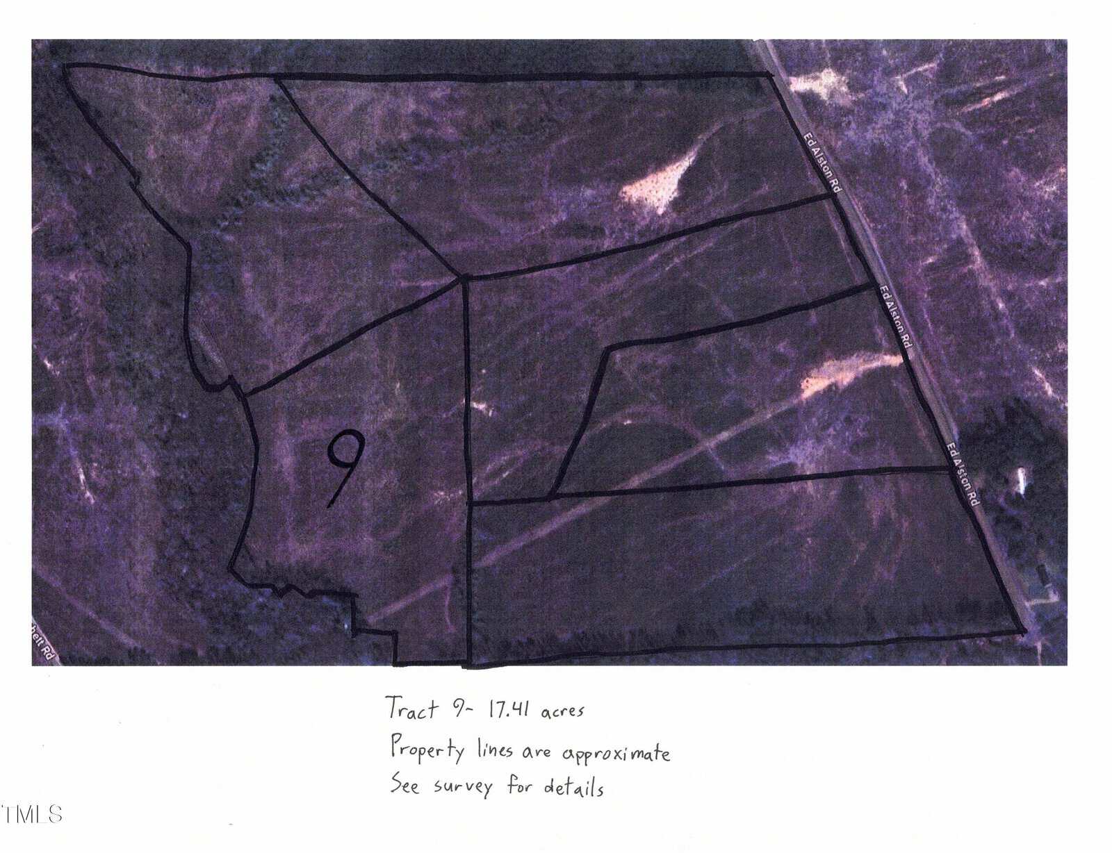 Aerial map showing outlined property boundaries for Tract 9 Ed Alston Road, Warrenton, labeled as 17.41 acres. Handwritten notes indicate property lines are approximate and recommend referring to the survey for details.