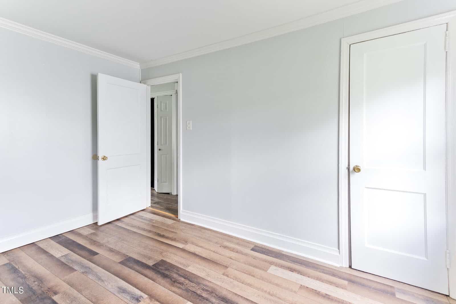 A bright, empty room with light gray walls, white doors, and wood-patterned vinyl flooring. The door on the left is ajar, revealing a corridor with similar flooring. The door on the right is closed, and there is a white baseboard along the perimeter of the room.