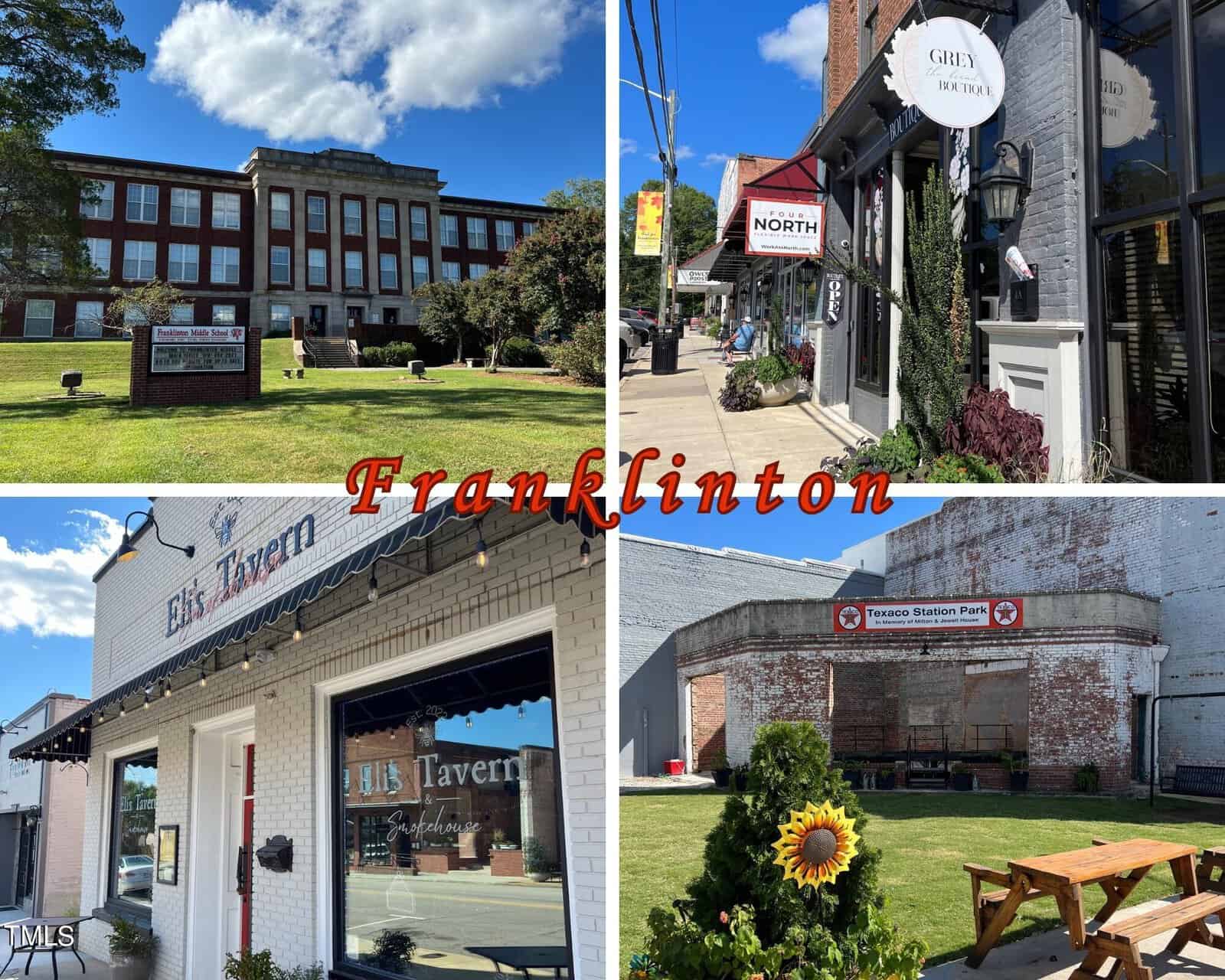 A collage of four photos shows a school building, small-town shops, a tavern, and an outdoor seating area with a sunflower. The word "Franklinton" is centered in red script across the images.