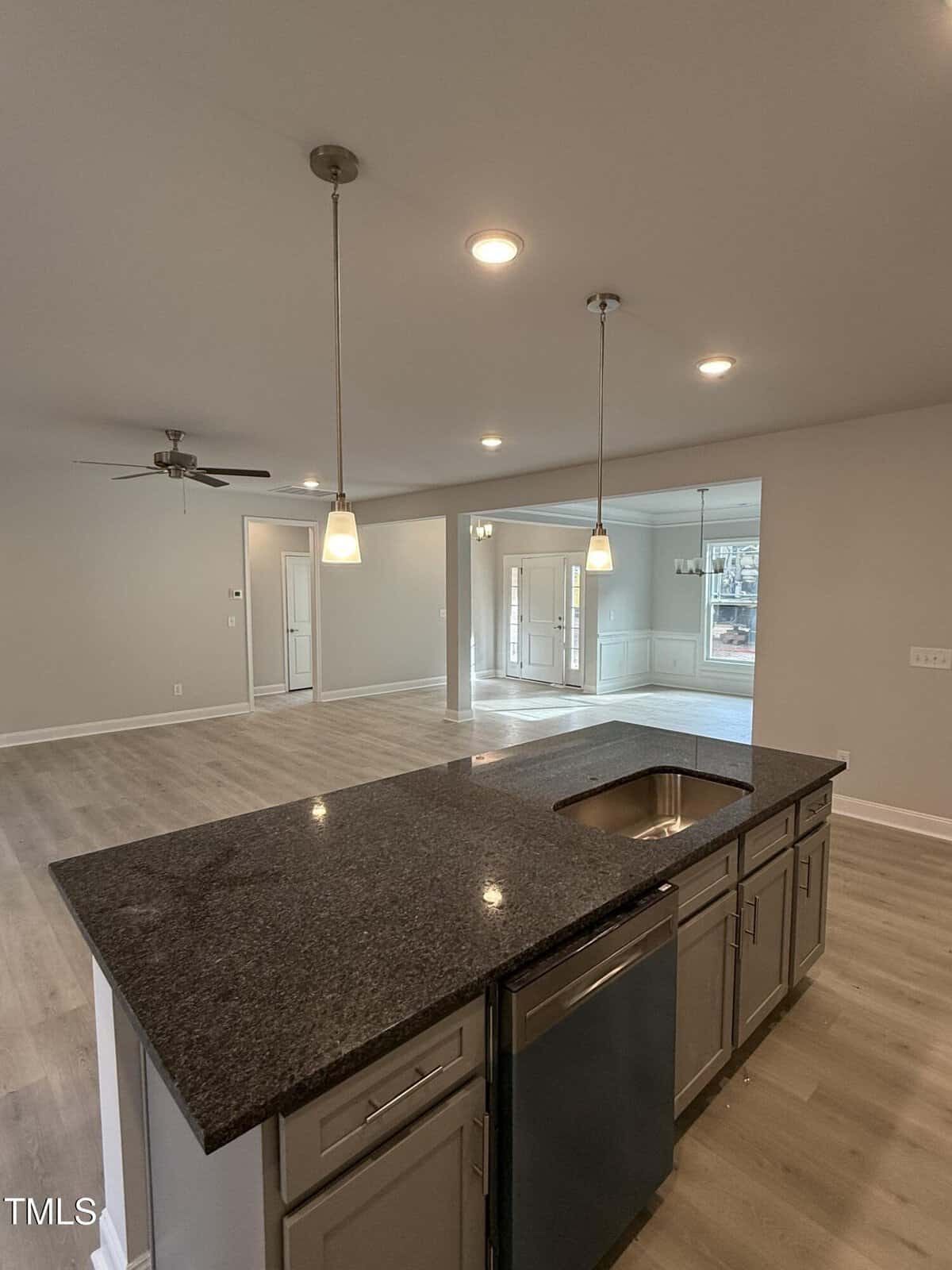 A kitchen with a large island.