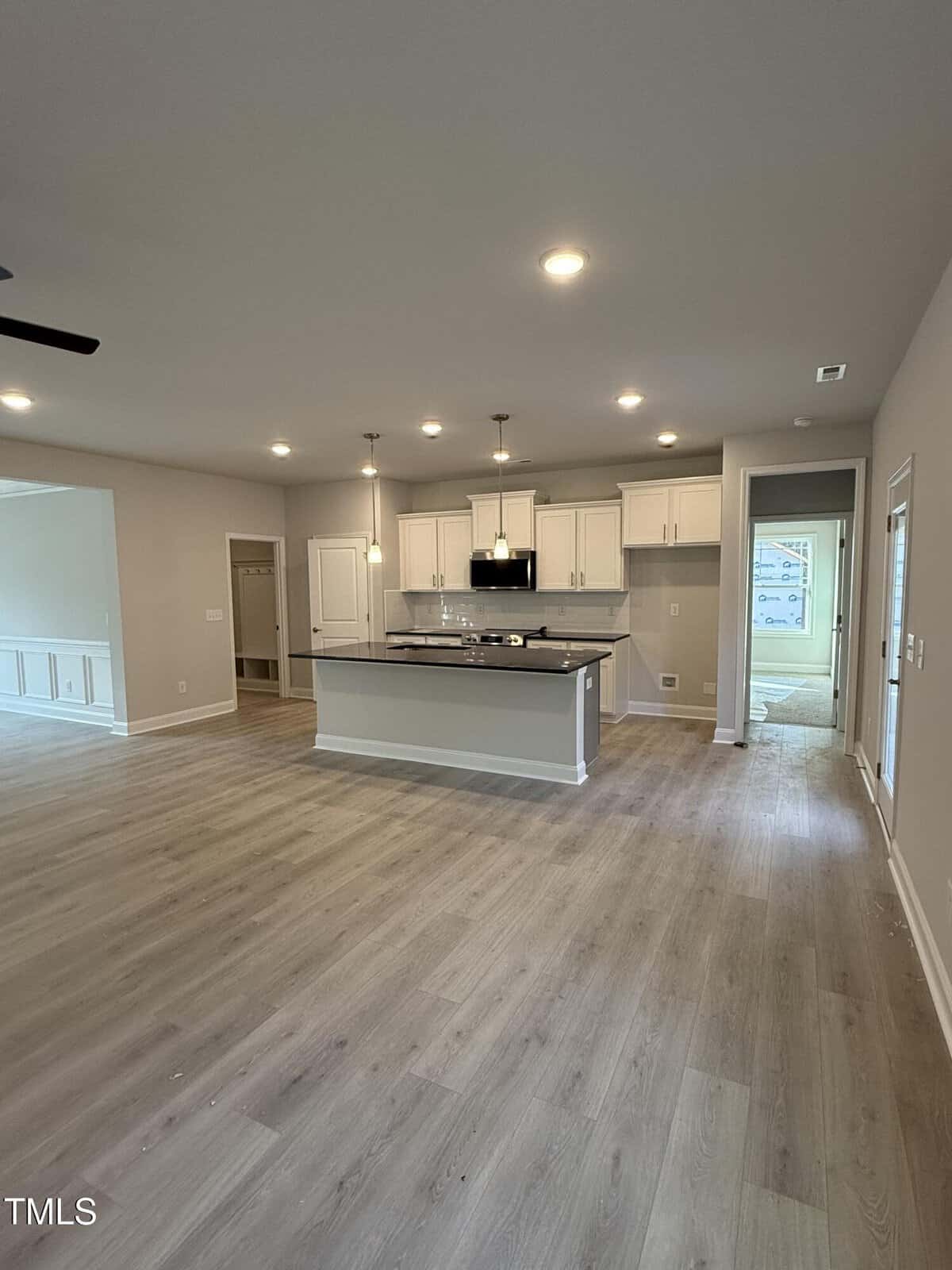 Modern open kitchen with white cabinets, stainless steel appliances, and an island with pendant lights. Light wood flooring extends to a bright living area. Doorways lead to other rooms, and a windowed door opens outside.