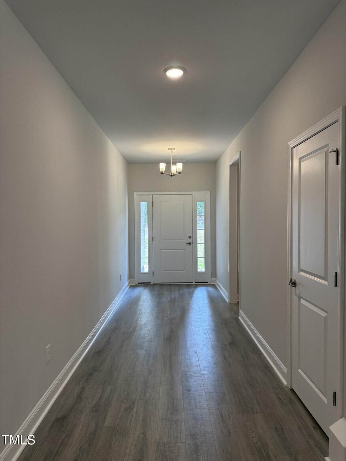 A bright hallway with light gray walls, wood-look flooring, a closed white door on the right, and a glass-paneled front door at the end, beneath a modern chandelier.