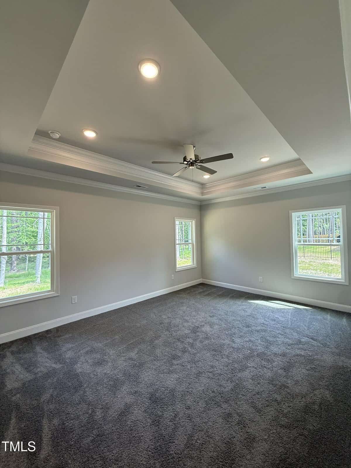 A spacious, empty room with gray carpet, light gray walls, four large windows, a tray ceiling with recessed lighting, and a ceiling fan. Sunlight streams in through the windows, brightening the space.